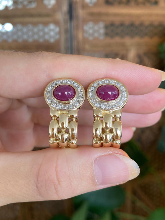 Vintage Solid 14k White & Yellow Gold Diamond Halo Ruby Cabochon Watch Band Design Drop Earrings