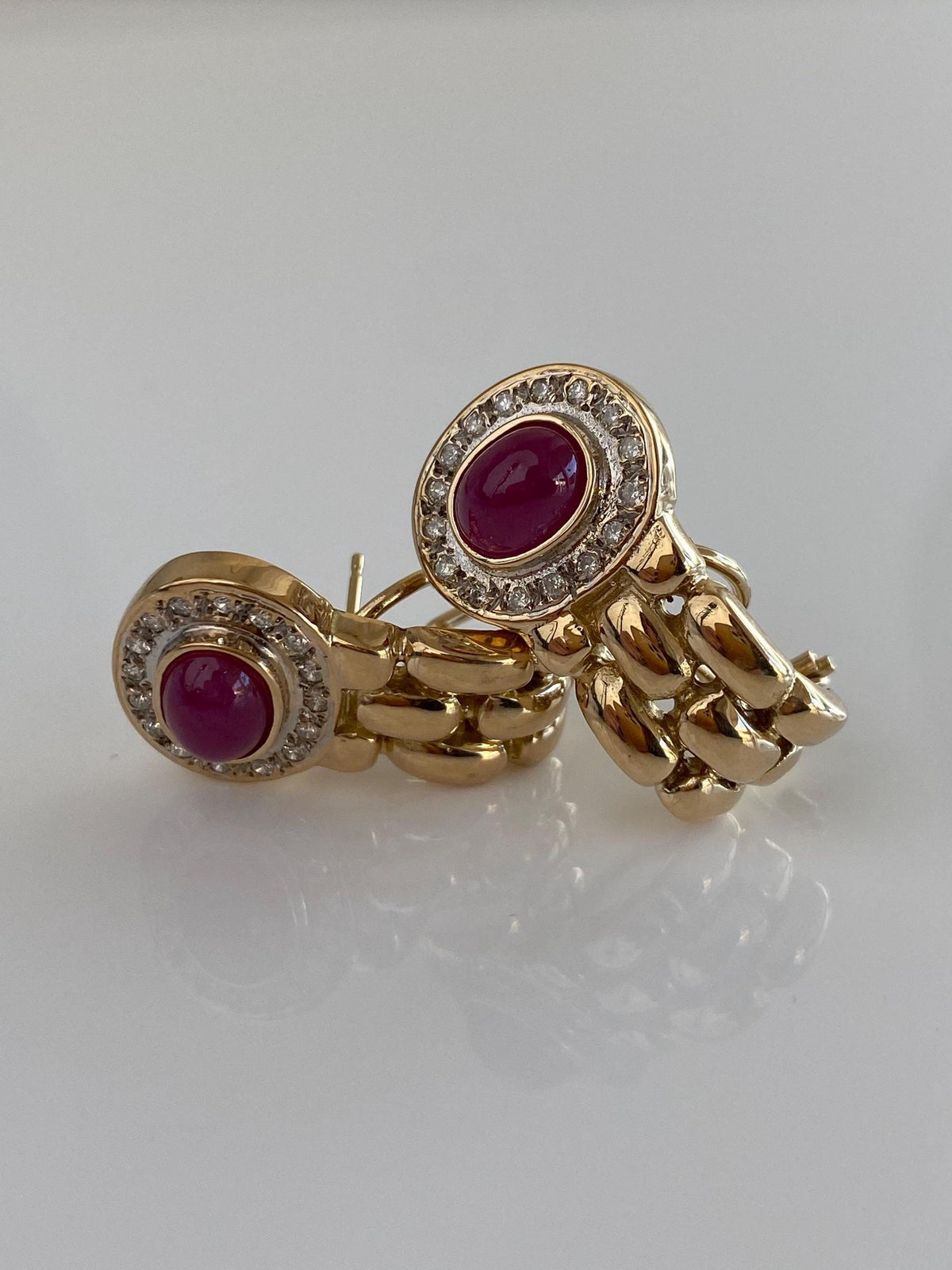 Vintage Solid 14k White & Yellow Gold Diamond Halo Ruby Cabochon Watch Band Design Drop Earrings