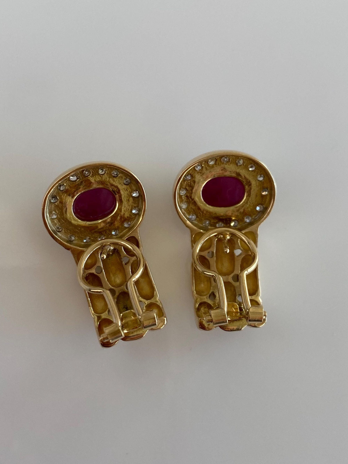 Vintage Solid 14k White & Yellow Gold Diamond Halo Ruby Cabochon Watch Band Design Drop Earrings