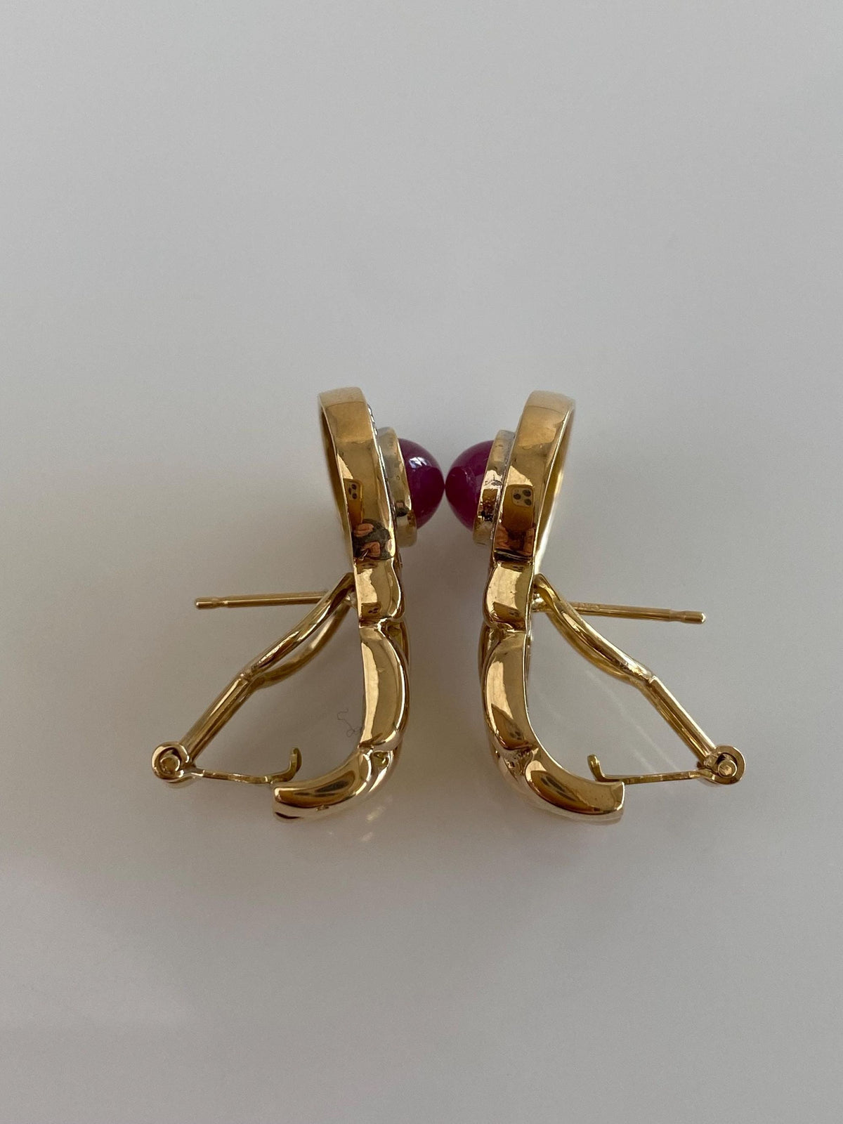 Vintage Solid 14k White & Yellow Gold Diamond Halo Ruby Cabochon Watch Band Design Drop Earrings