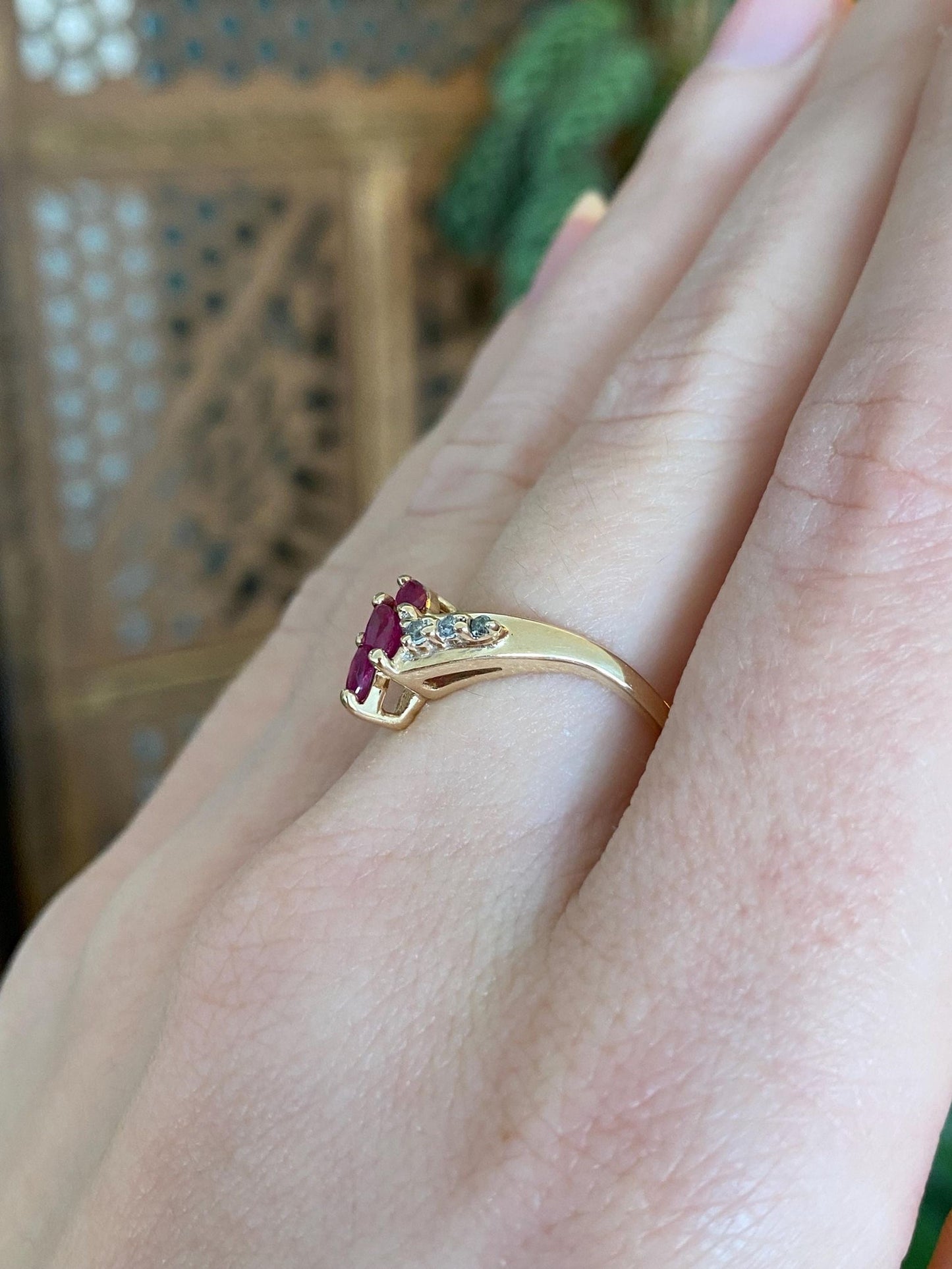 Vintage Solid 14k Yellow Gold Ruby Diamond Chevron Ring - Size 8