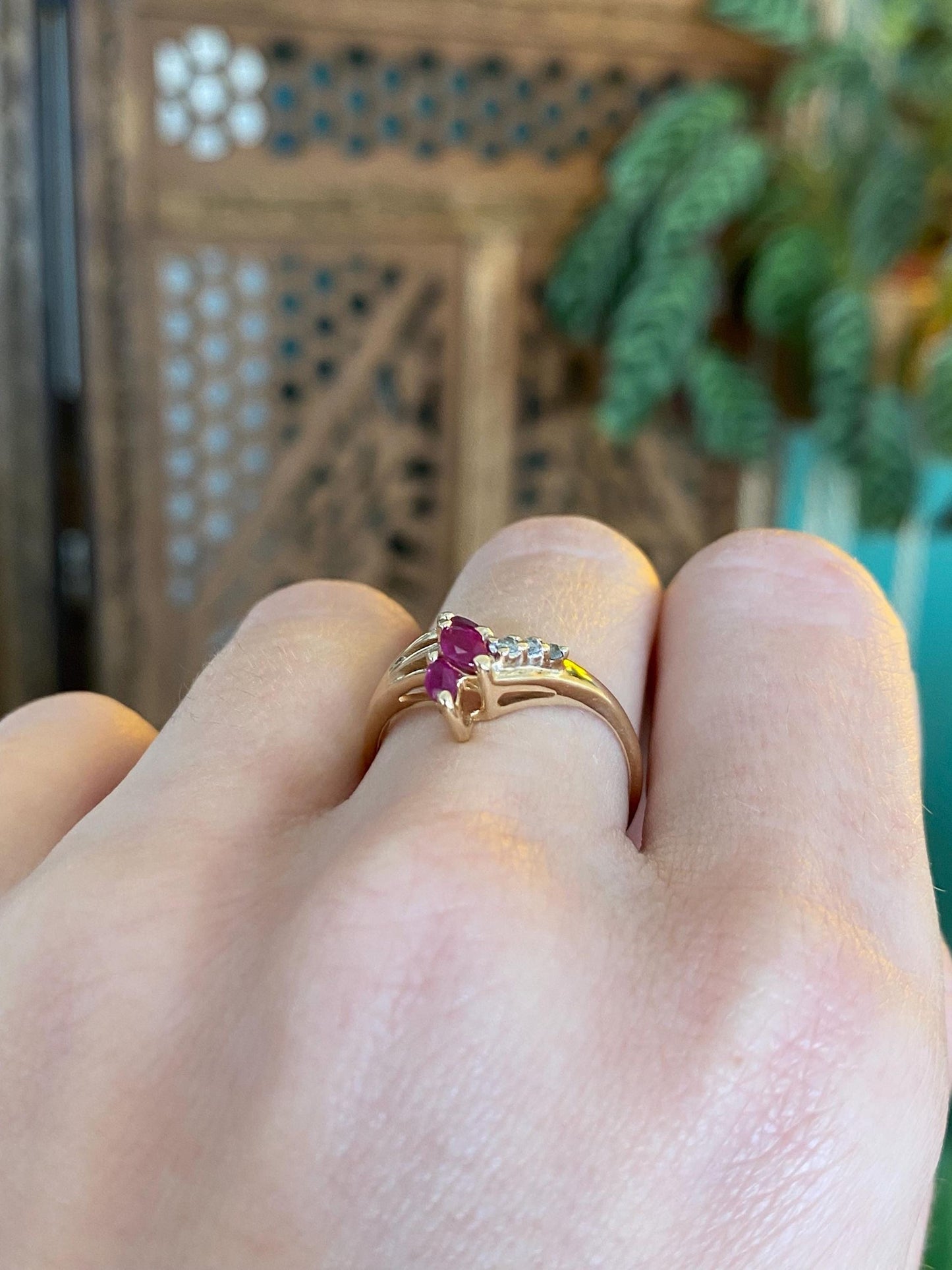 Vintage Solid 14k Yellow Gold Ruby Diamond Chevron Ring - Size 8
