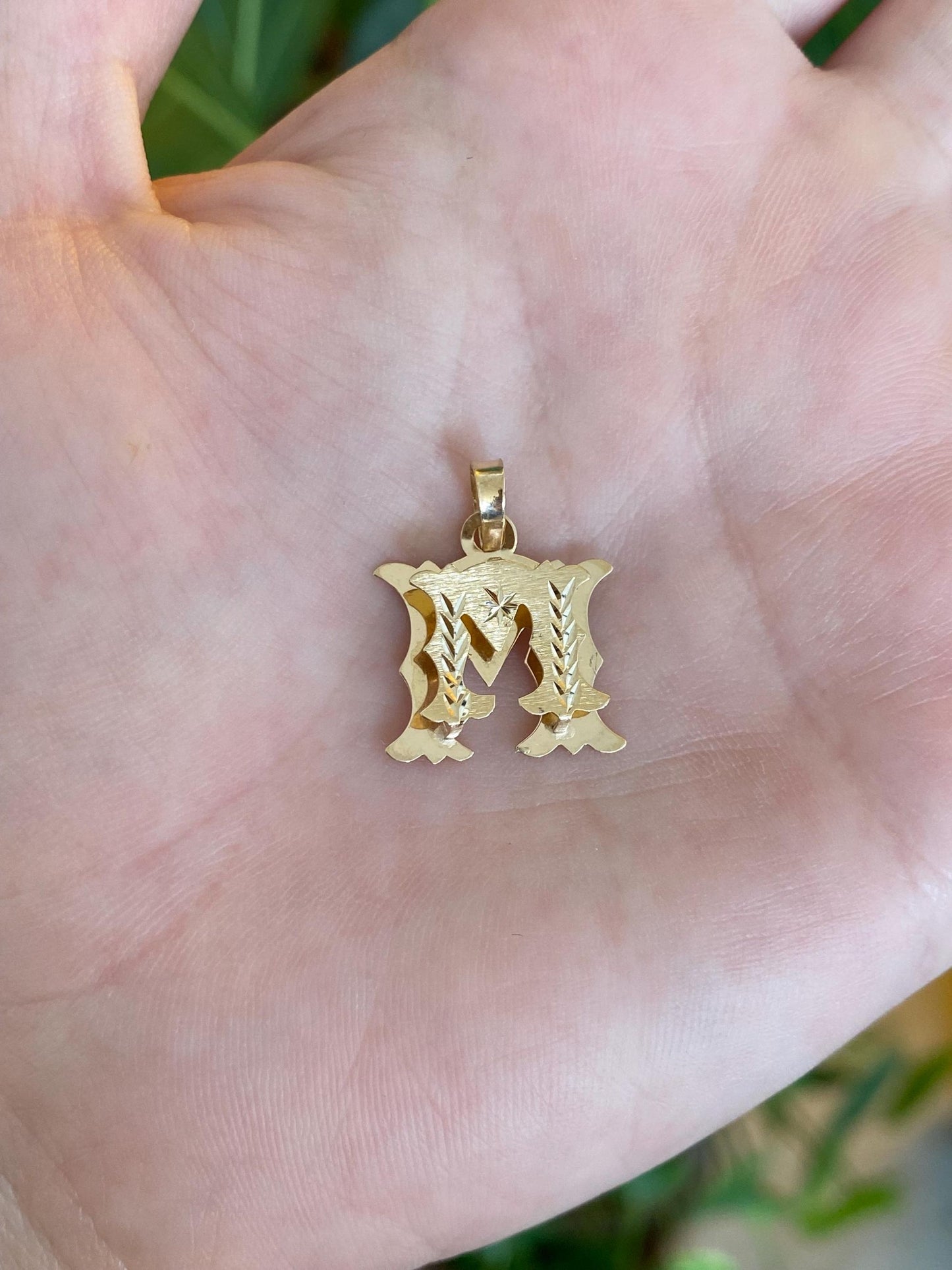 Solid 14k Yellow Gold Diamond Cut Initial "M" Elevated Charm