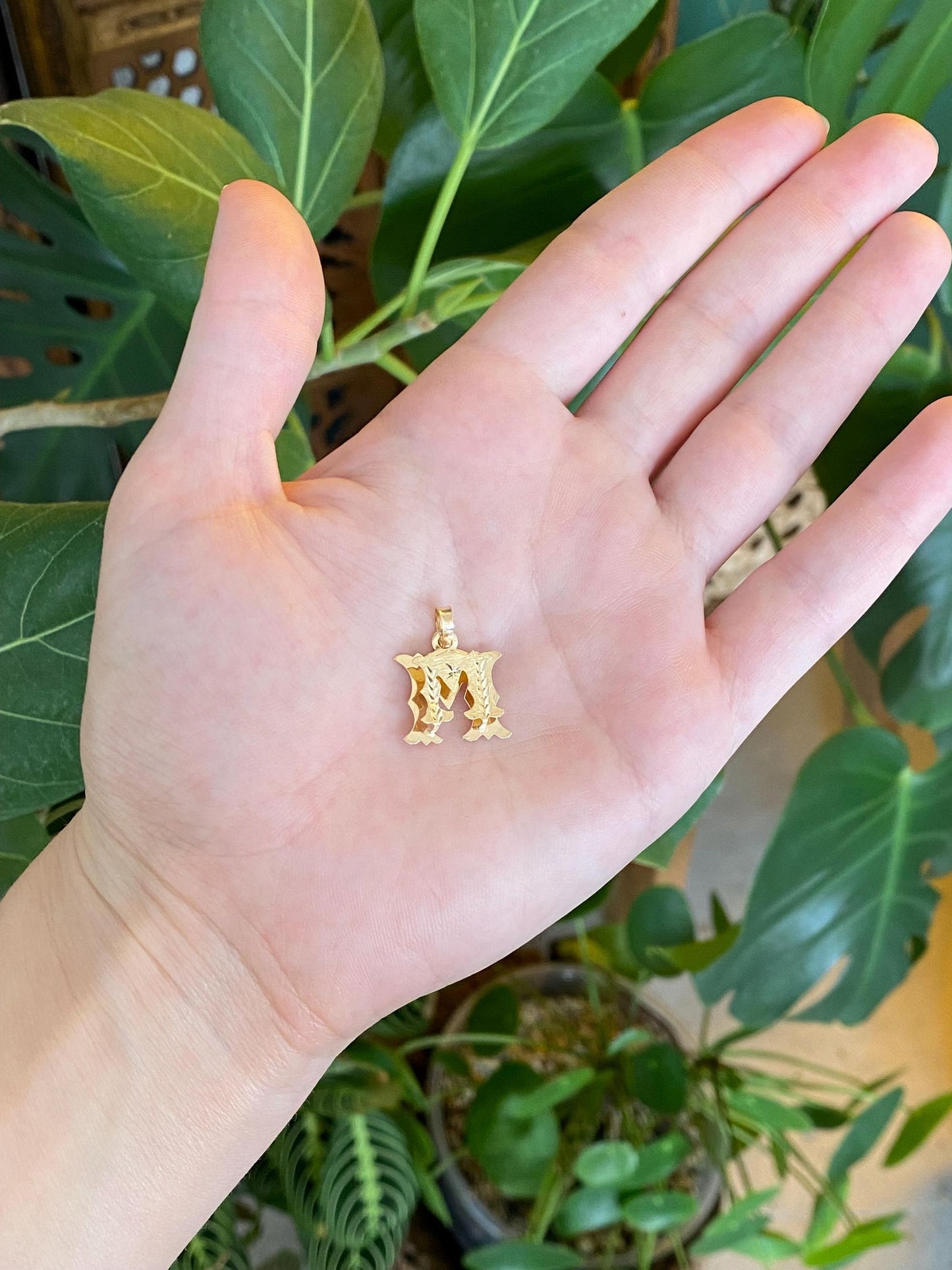 Solid 14k Yellow Gold Diamond Cut Initial "M" Elevated Charm
