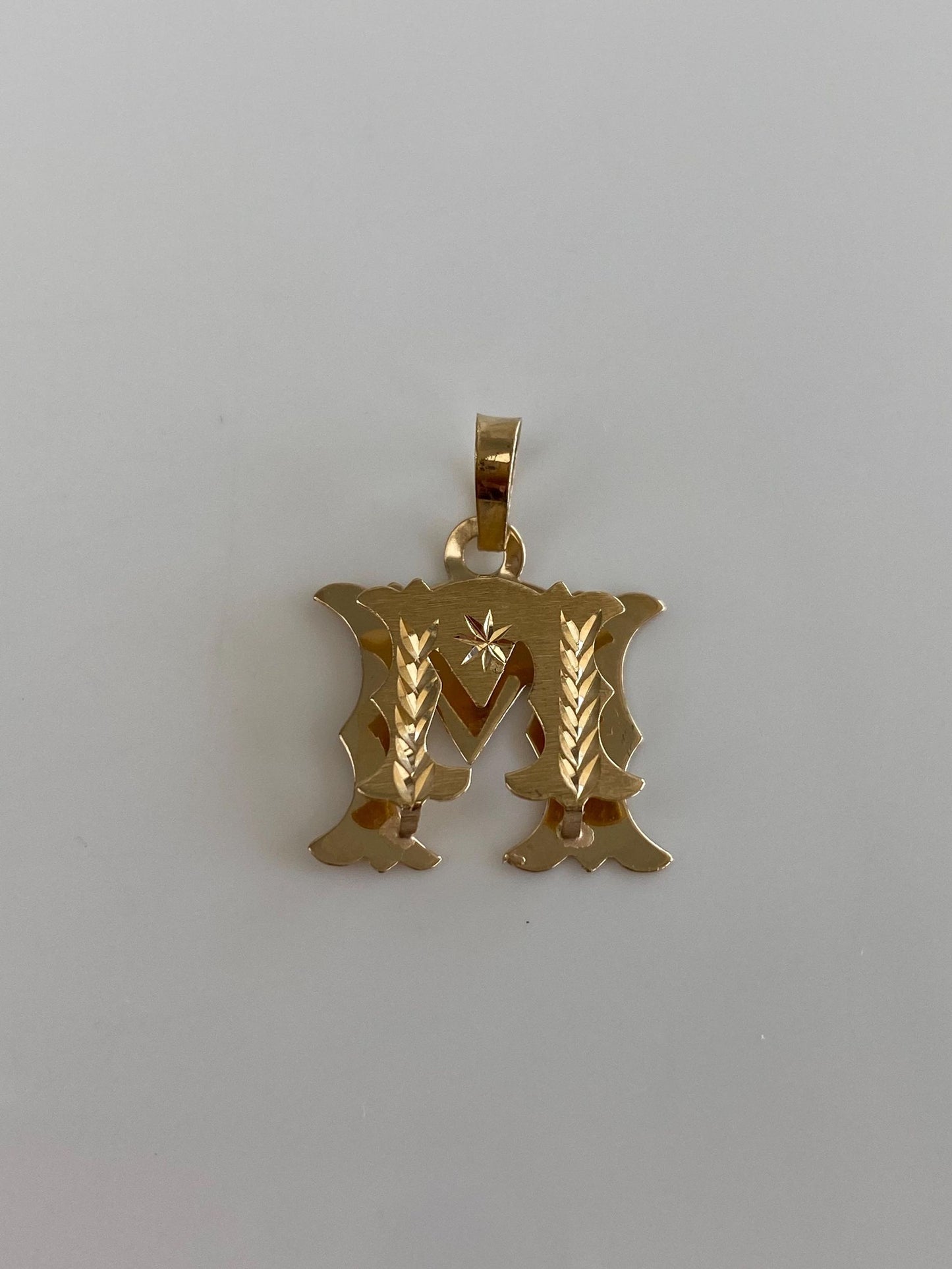 Solid 14k Yellow Gold Diamond Cut Initial "M" Elevated Charm