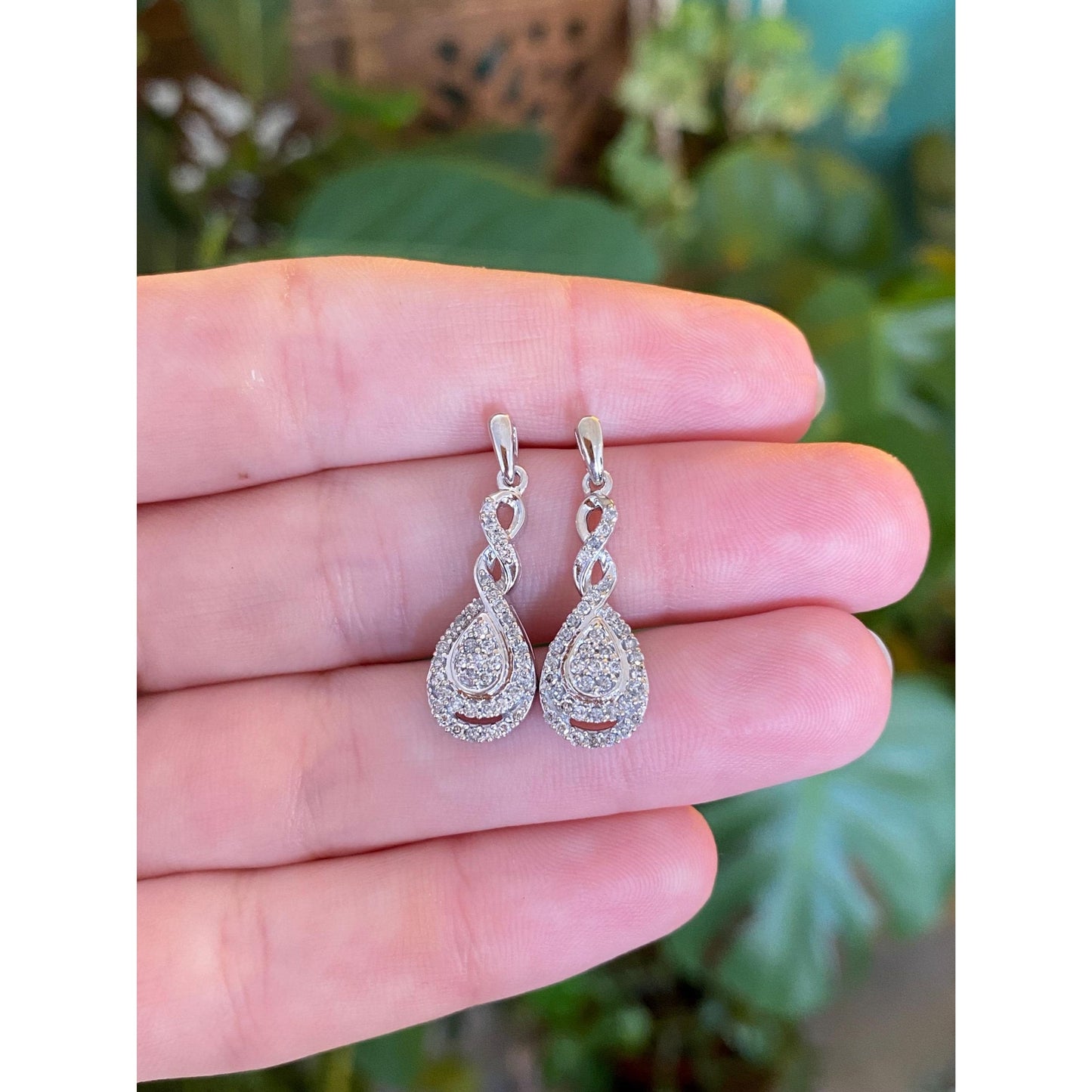 Vintage Solid 10k White Gold Diamond Dangle Stud Earrings