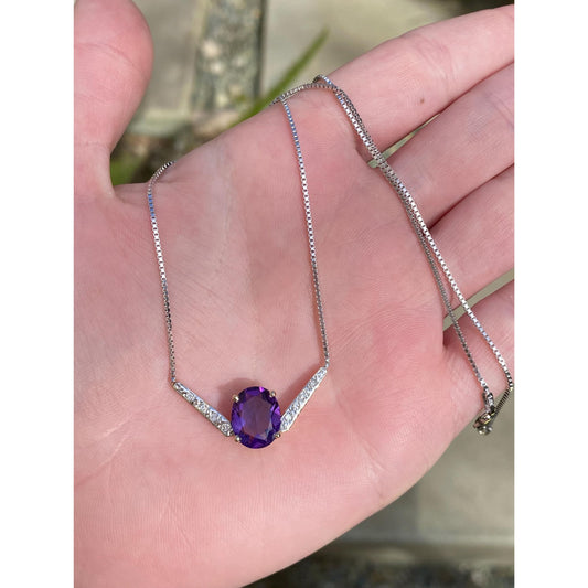 Solid 14k White & Yellow Gold Diamond Amethyst Box Chain Necklace - 16.25 inches