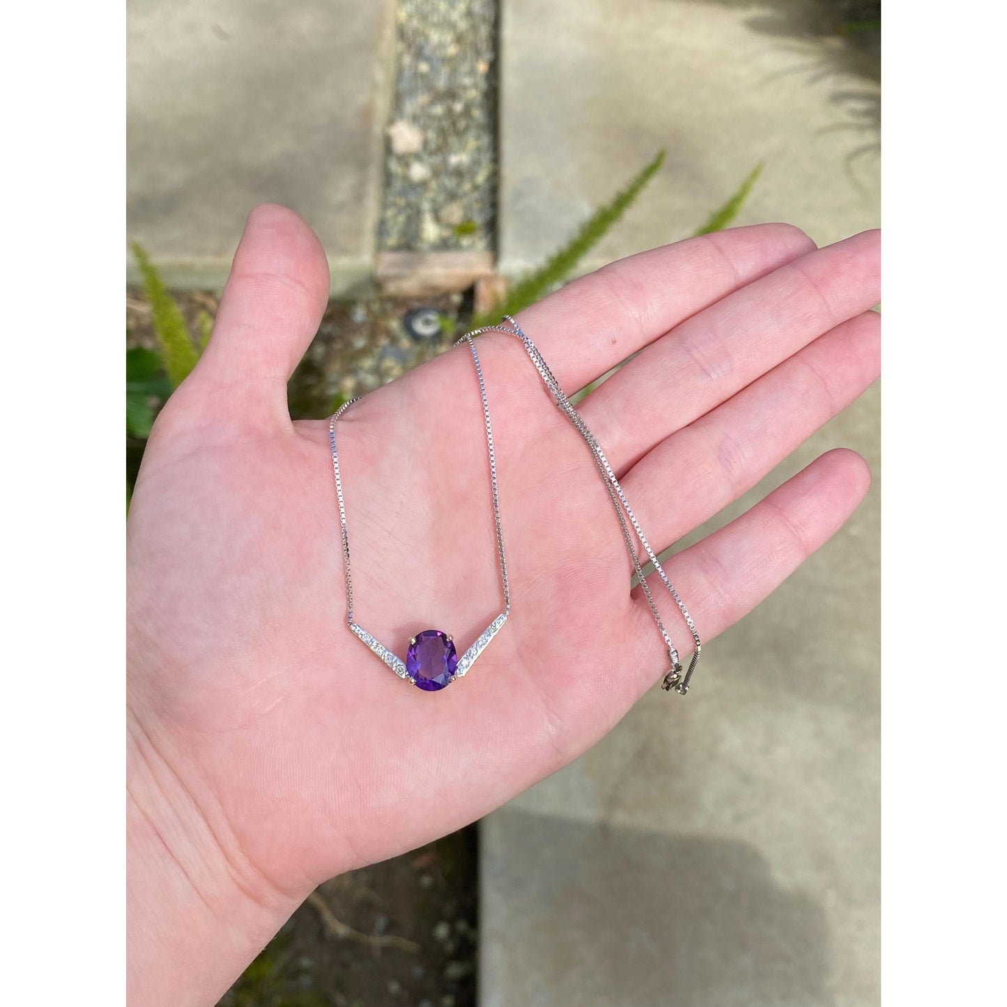 Solid 14k White & Yellow Gold Diamond Amethyst Box Chain Necklace - 16.25 inches