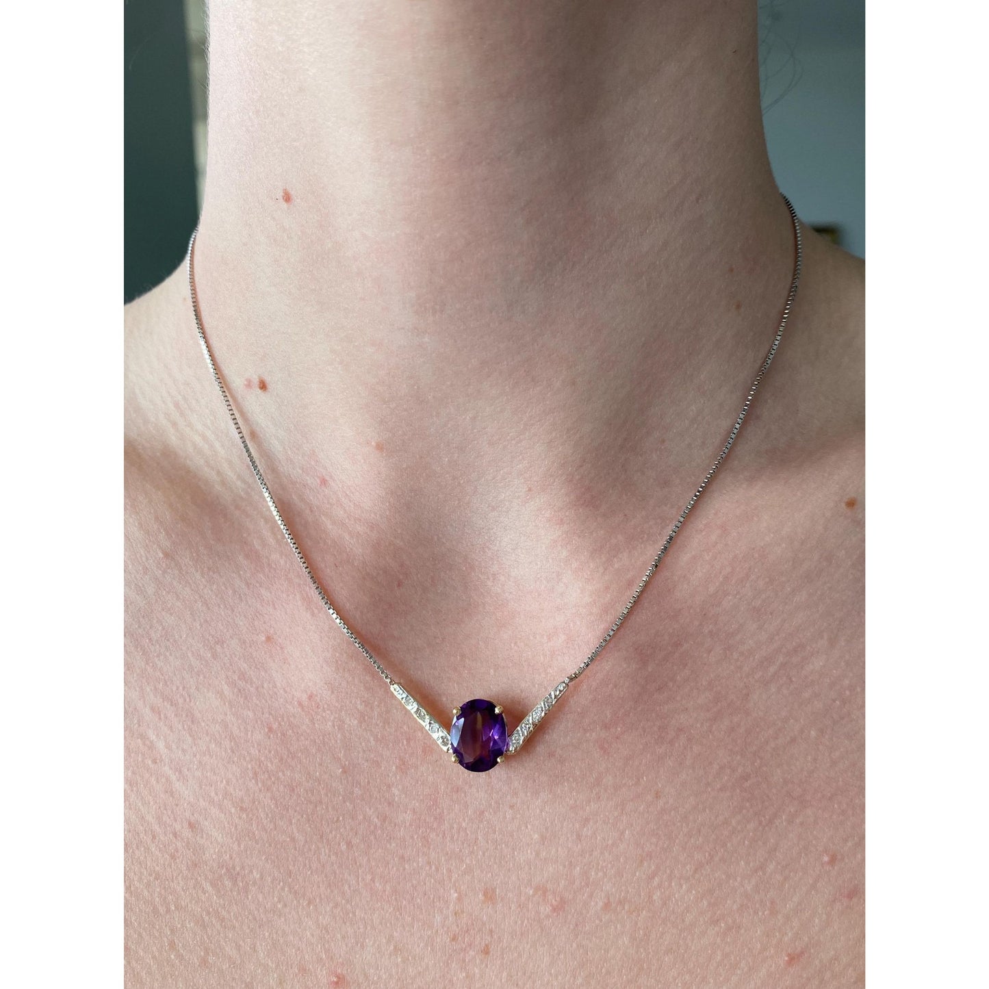 Solid 14k White & Yellow Gold Diamond Amethyst Box Chain Necklace - 16.25 inches