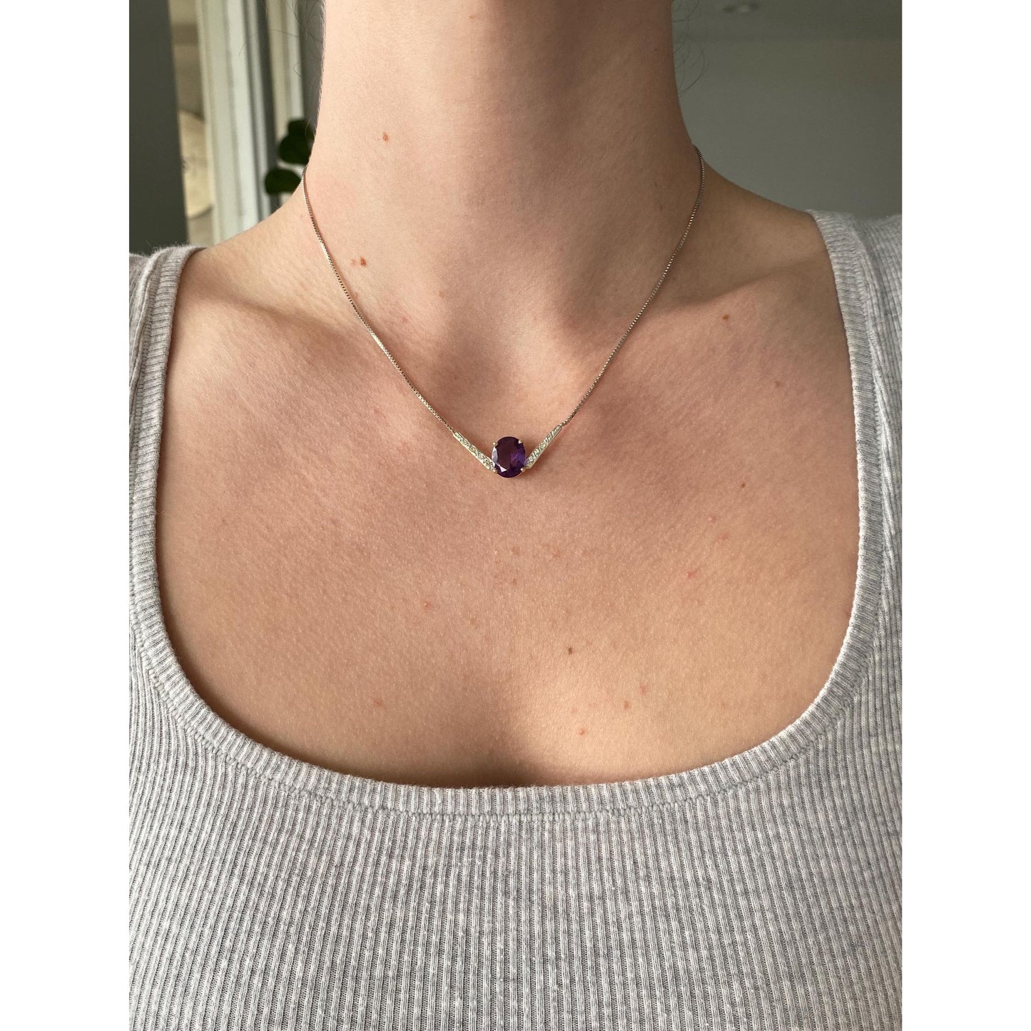 Solid 14k White & Yellow Gold Diamond Amethyst Box Chain Necklace - 16.25 inches