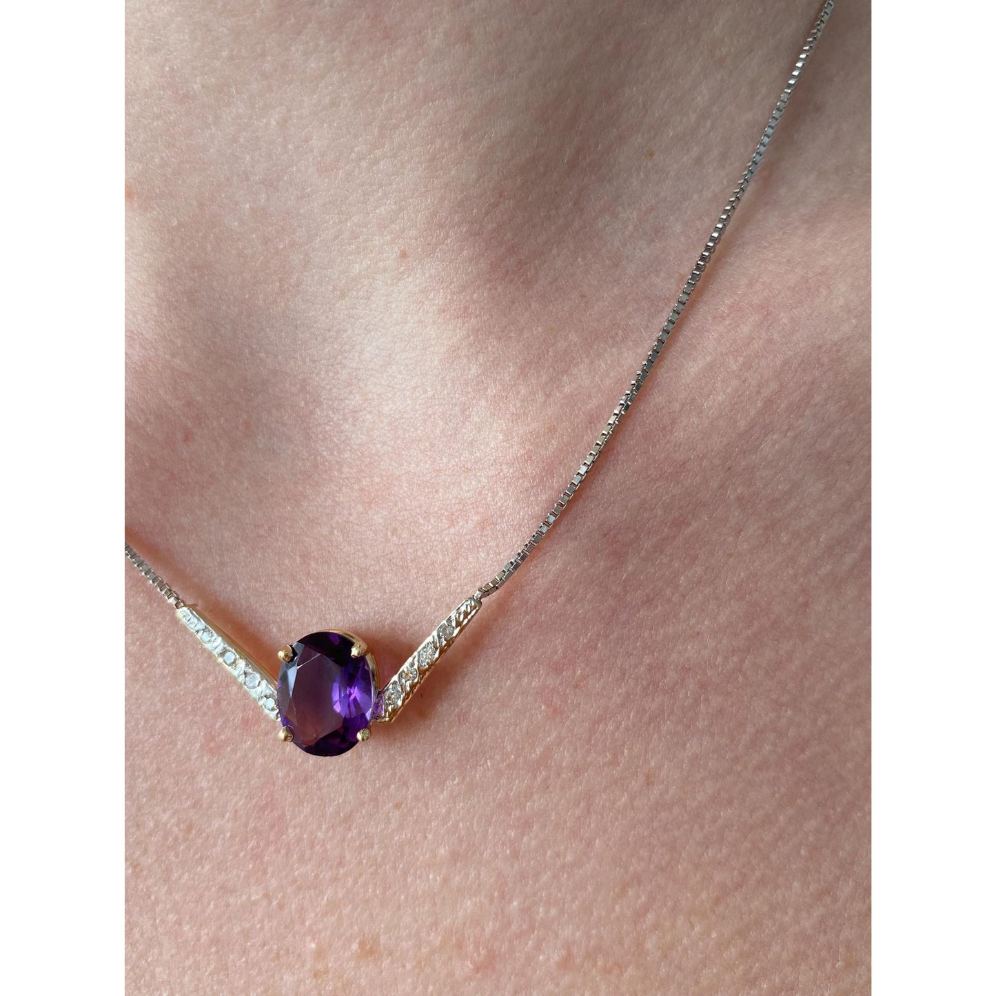 Solid 14k White & Yellow Gold Diamond Amethyst Box Chain Necklace - 16.25 inches