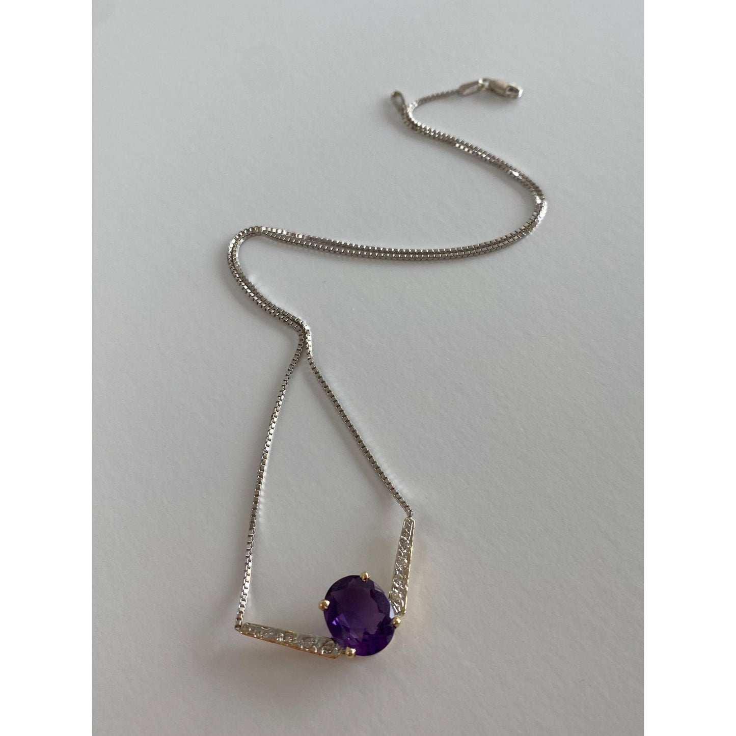 Solid 14k White & Yellow Gold Diamond Amethyst Box Chain Necklace - 16.25 inches