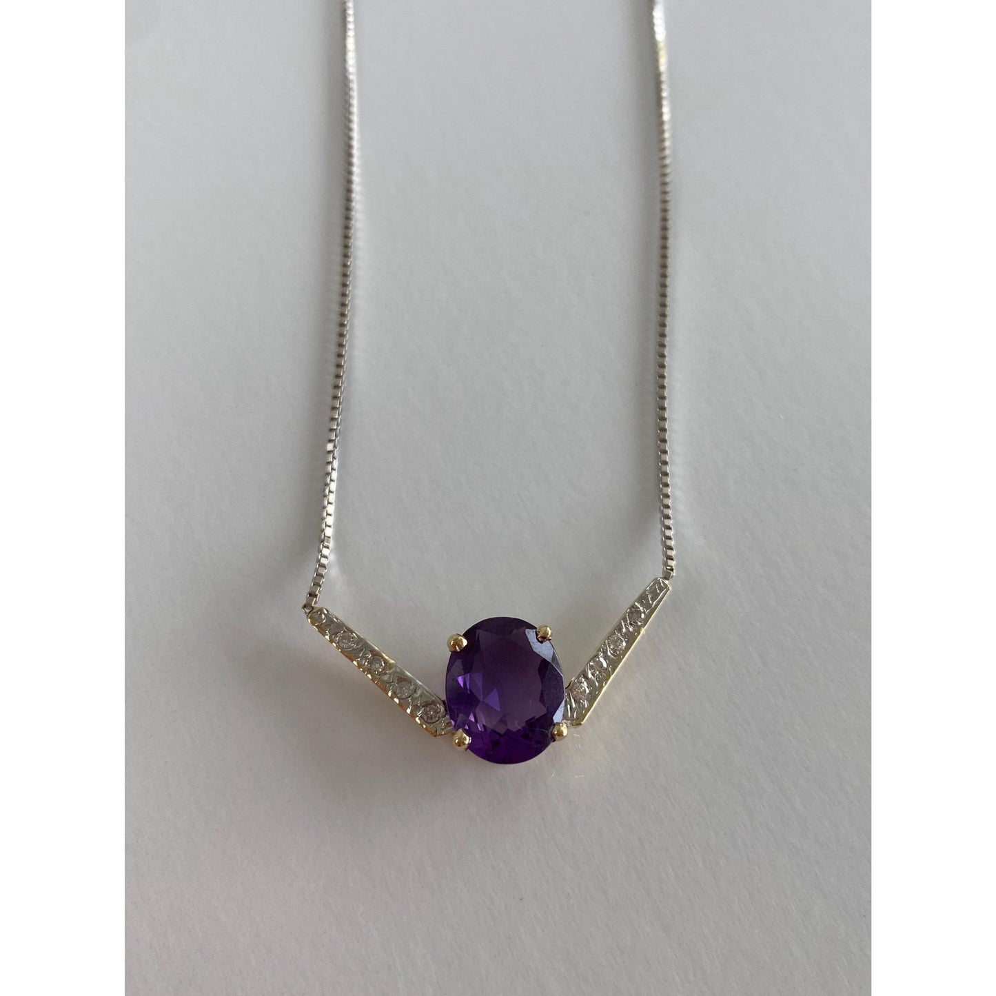 Solid 14k White & Yellow Gold Diamond Amethyst Box Chain Necklace - 16.25 inches