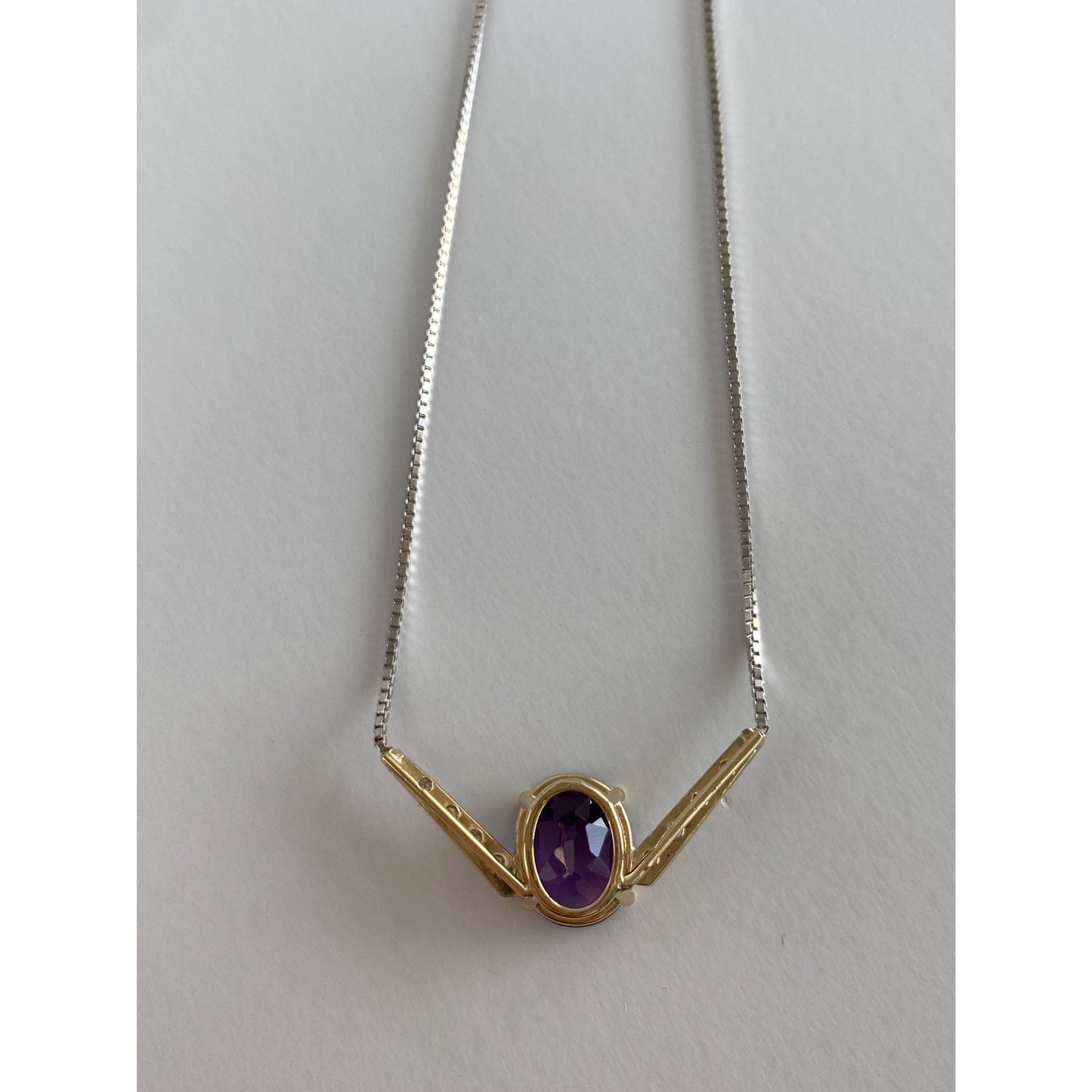 Solid 14k White & Yellow Gold Diamond Amethyst Box Chain Necklace - 16.25 inches