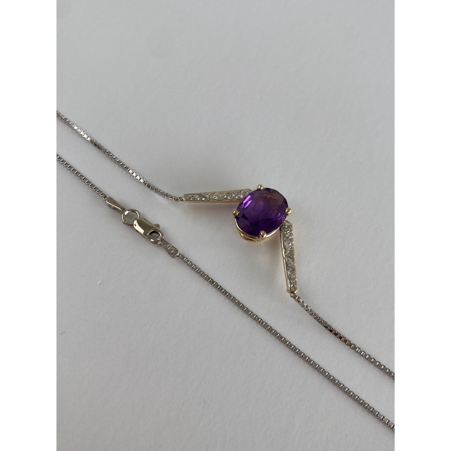 Solid 14k White & Yellow Gold Diamond Amethyst Box Chain Necklace - 16.25 inches