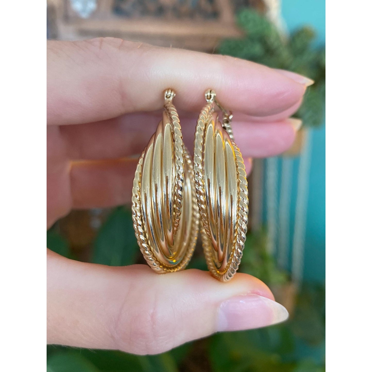 Vintage 14k Yellow Gold Large Layered Hoop Earrings