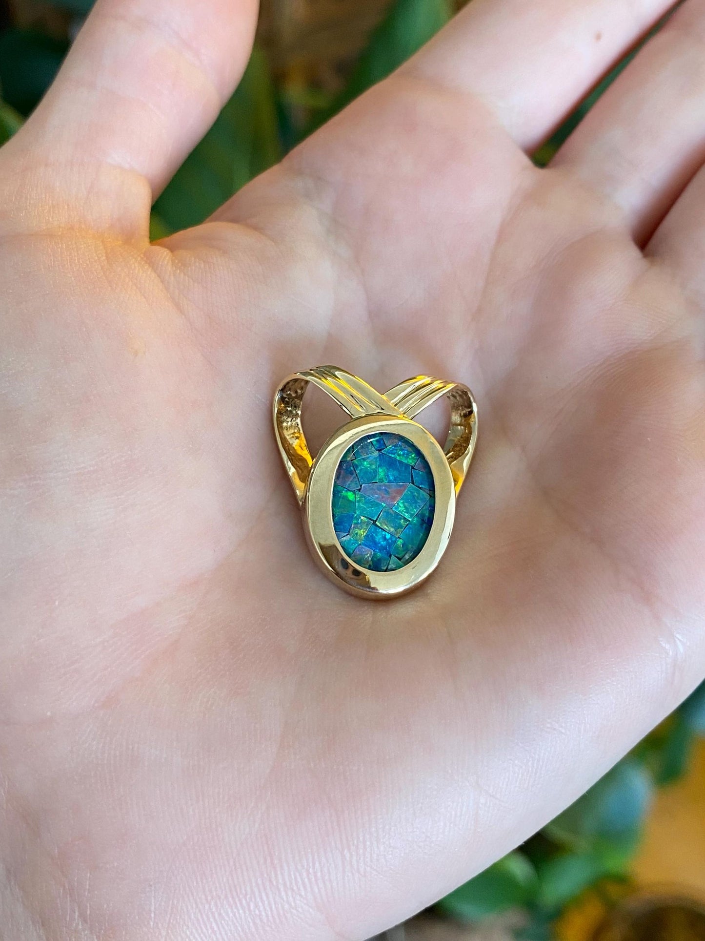 Vintage Solid 14k Yellow Gold Opal Mosaic Triplet Slide Charm