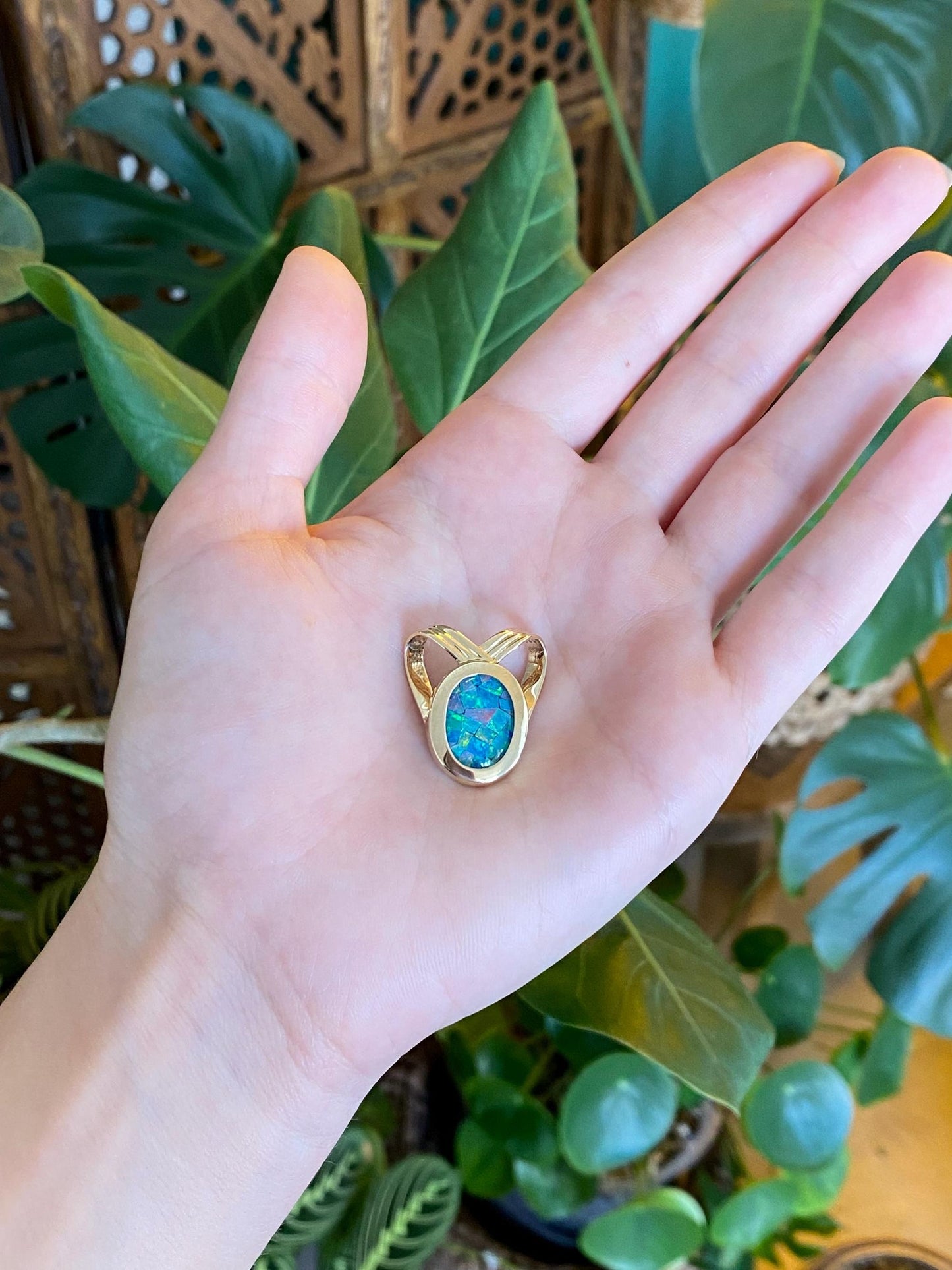 Vintage Solid 14k Yellow Gold Opal Mosaic Triplet Slide Charm