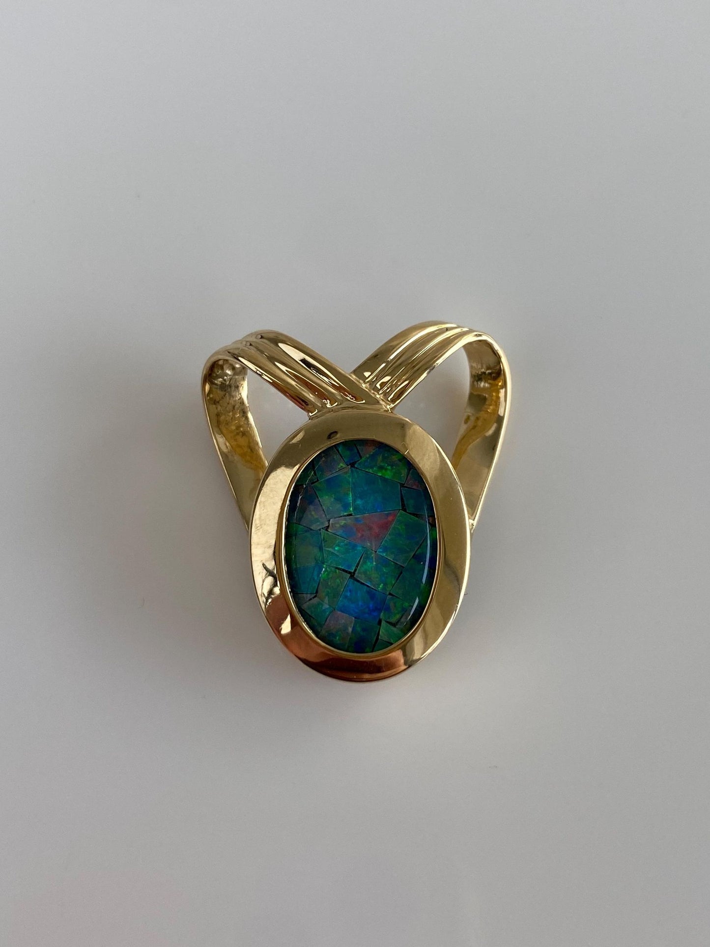 Vintage Solid 14k Yellow Gold Opal Mosaic Triplet Slide Charm