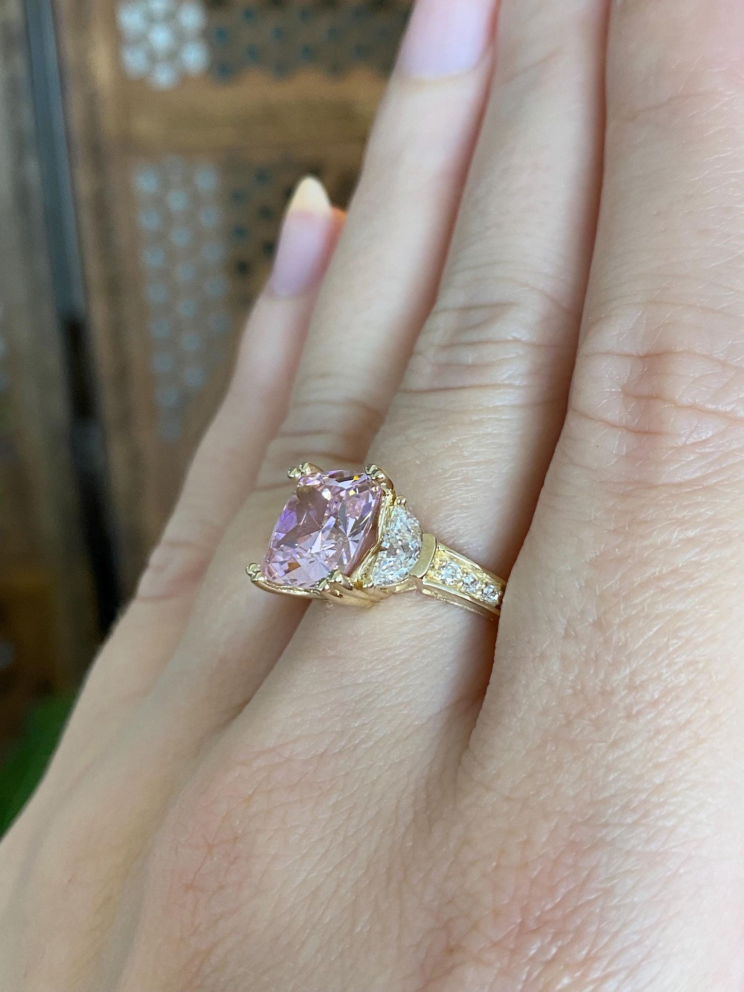 Vintage Solid 14k Yellow Gold Pink & Clear Cubic Zirconia Ring - Size 8