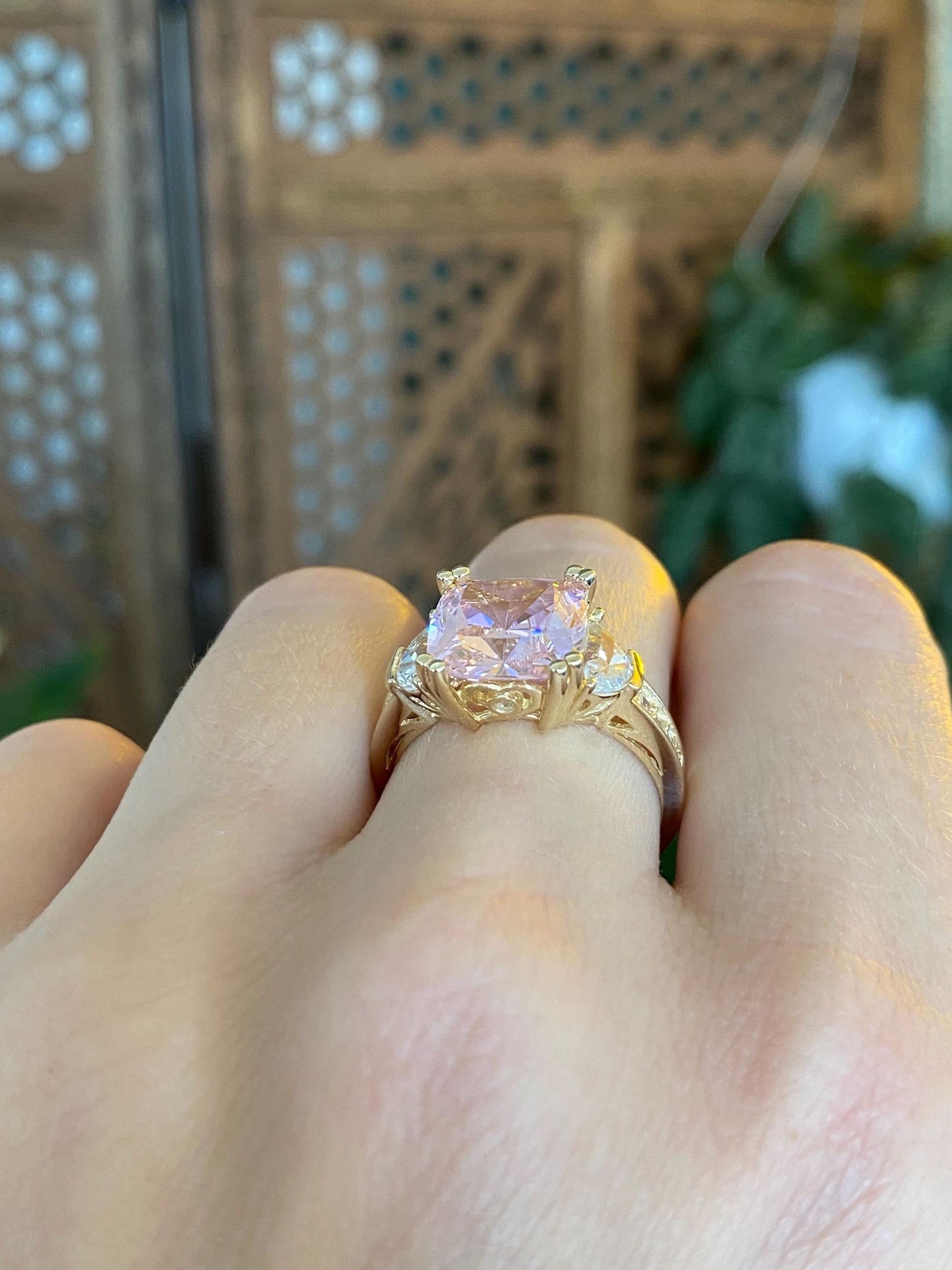 Vintage Solid 14k Yellow Gold Pink & Clear Cubic Zirconia Ring - Size 8