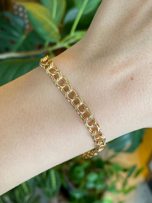Vintage Solid 14k Yellow Gold Double Link Charm Bracelet - 7 inches