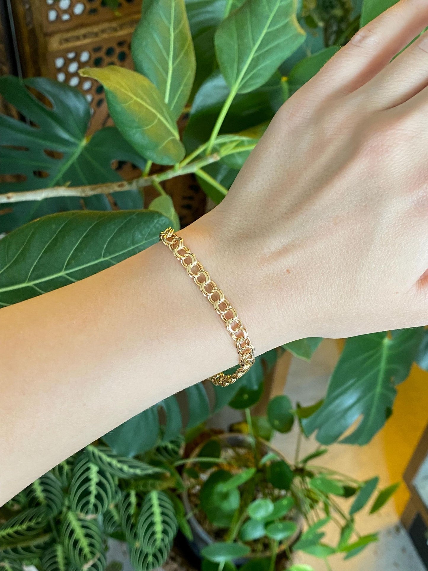 Vintage Solid 14k Yellow Gold Double Link Charm Bracelet - 7 inches