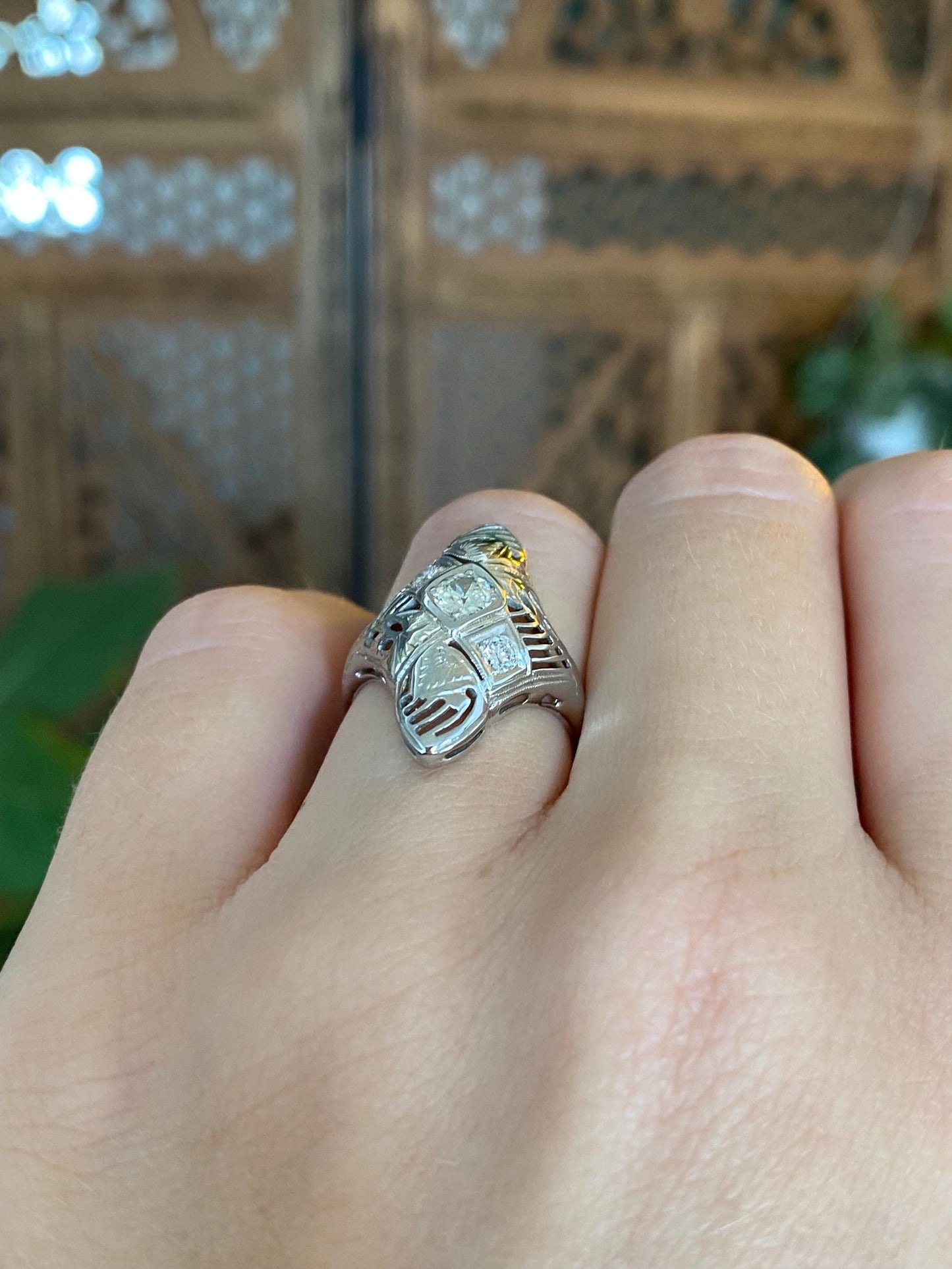 Vintage Solid 18k White Gold Diamonds Art Deco Ring - Size 5.25