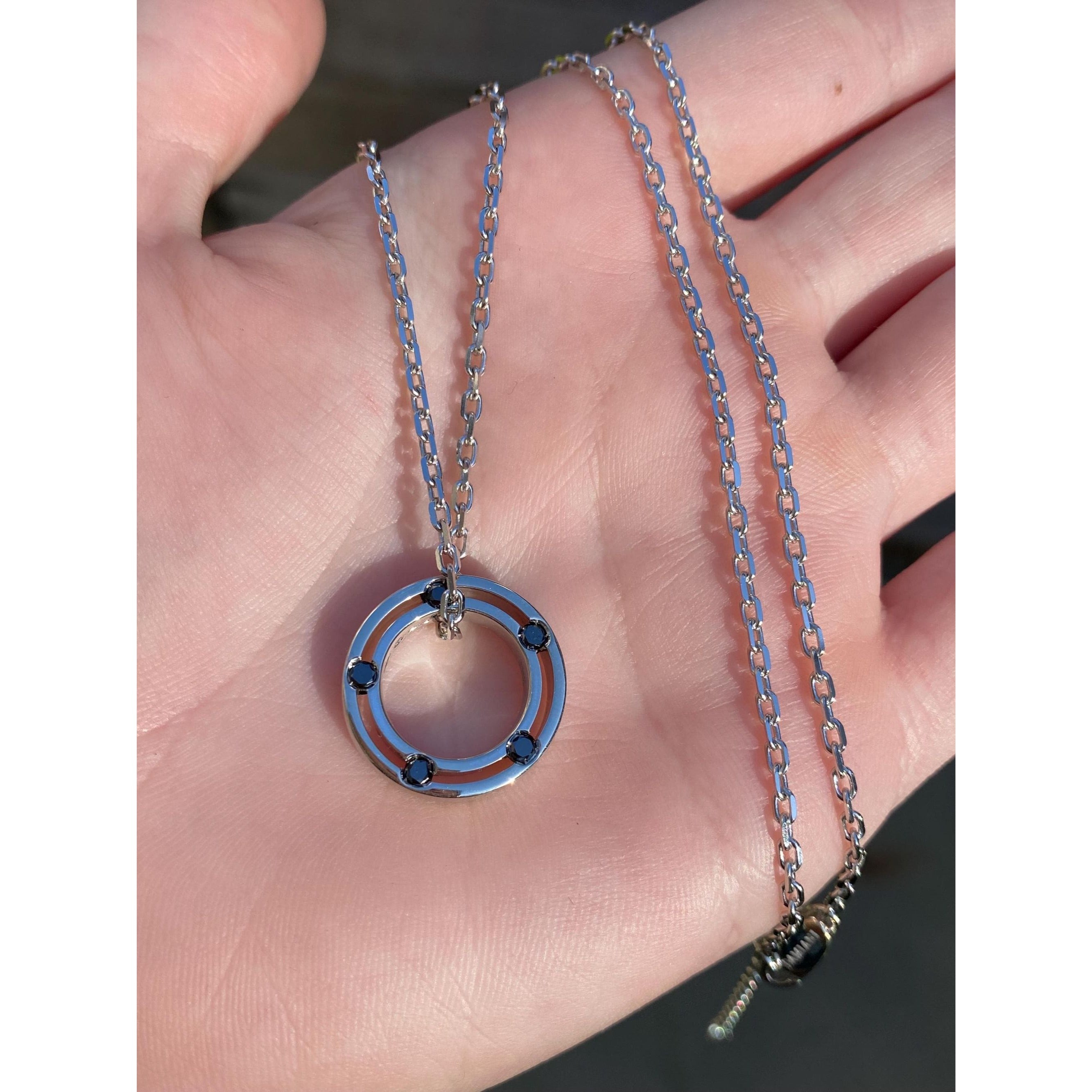 Damiani Solid 18k White Gold Black Diamond Double Sided Circle Biker Link Necklace - 21.75 inches