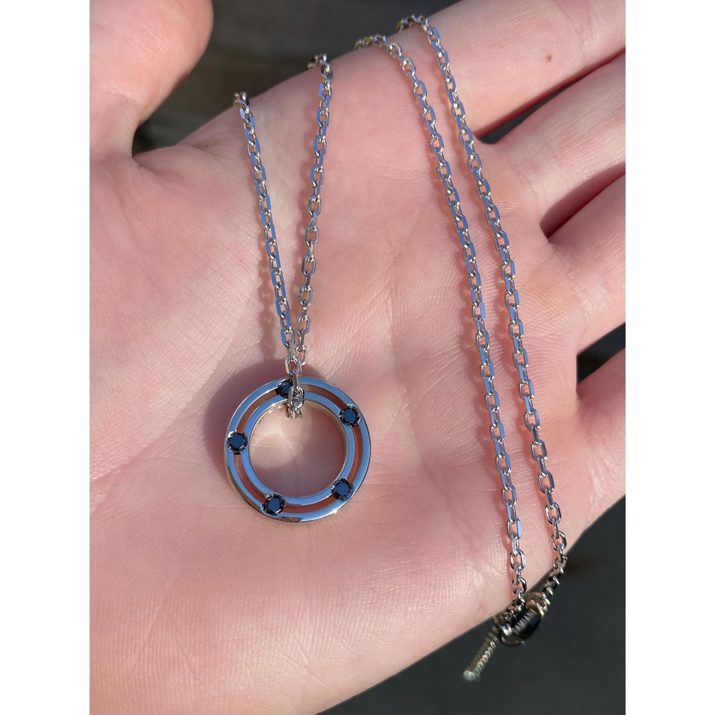 Damiani Solid 18k White Gold Black Diamond Double Sided Circle Biker Link Necklace - 21.75 inches