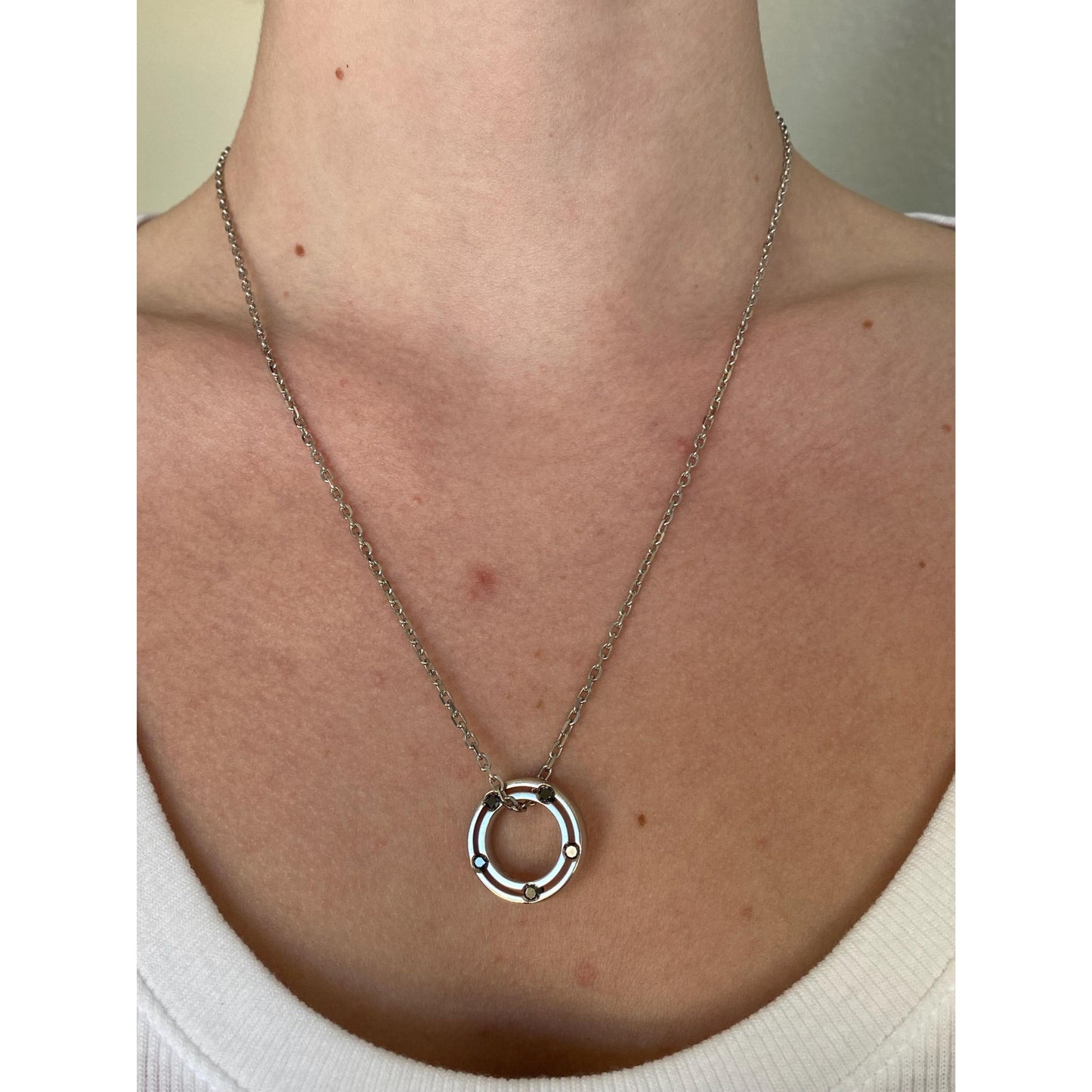 Damiani Solid 18k White Gold Black Diamond Double Sided Circle Biker Link Necklace - 21.75 inches