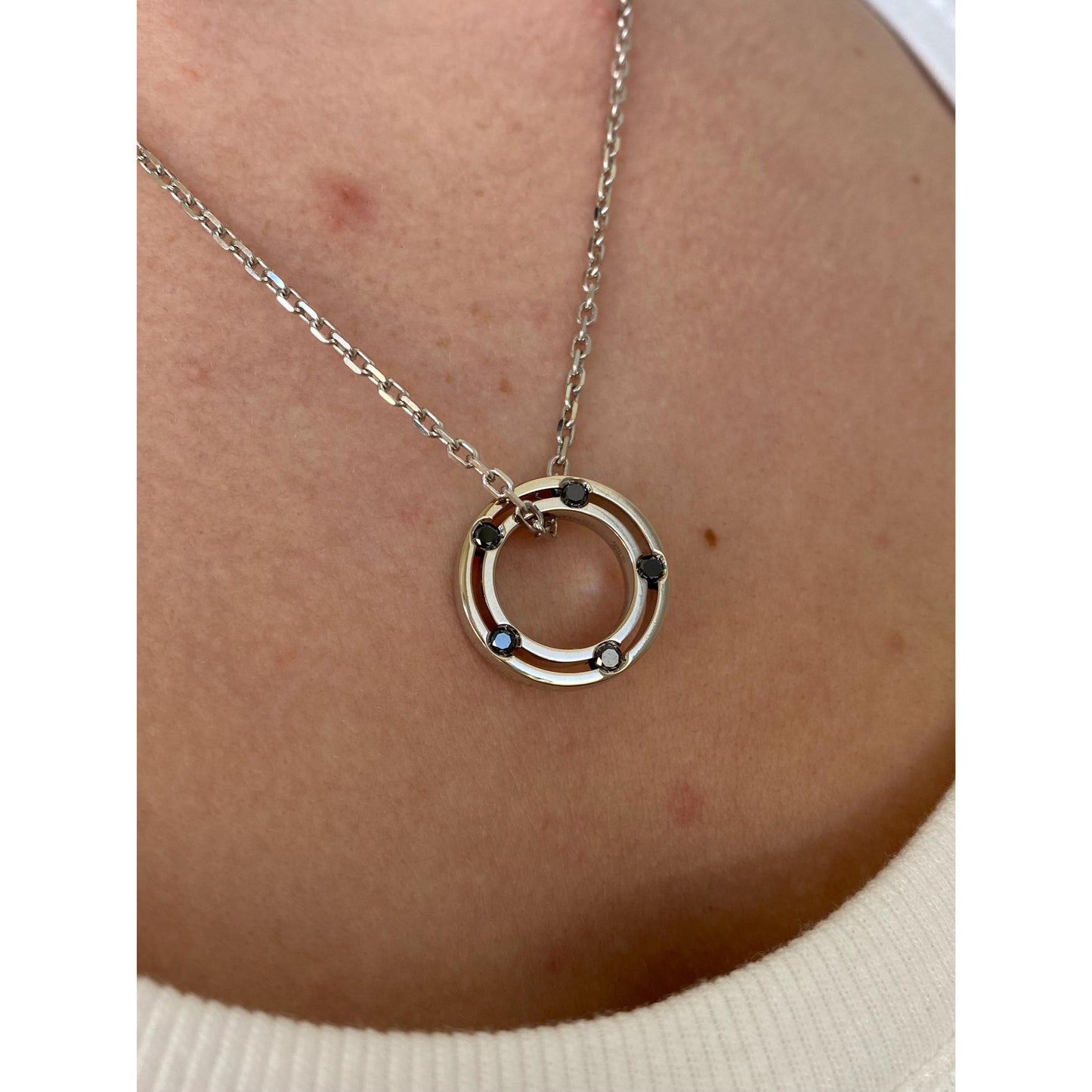 Damiani Solid 18k White Gold Black Diamond Double Sided Circle Biker Link Necklace - 21.75 inches