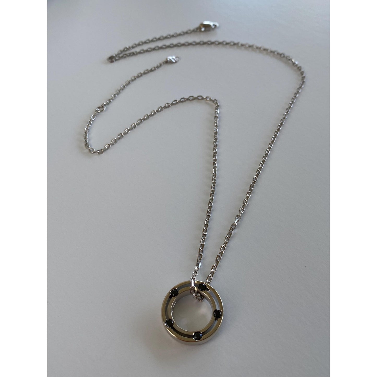 Damiani Solid 18k White Gold Black Diamond Double Sided Circle Biker Link Necklace - 21.75 inches