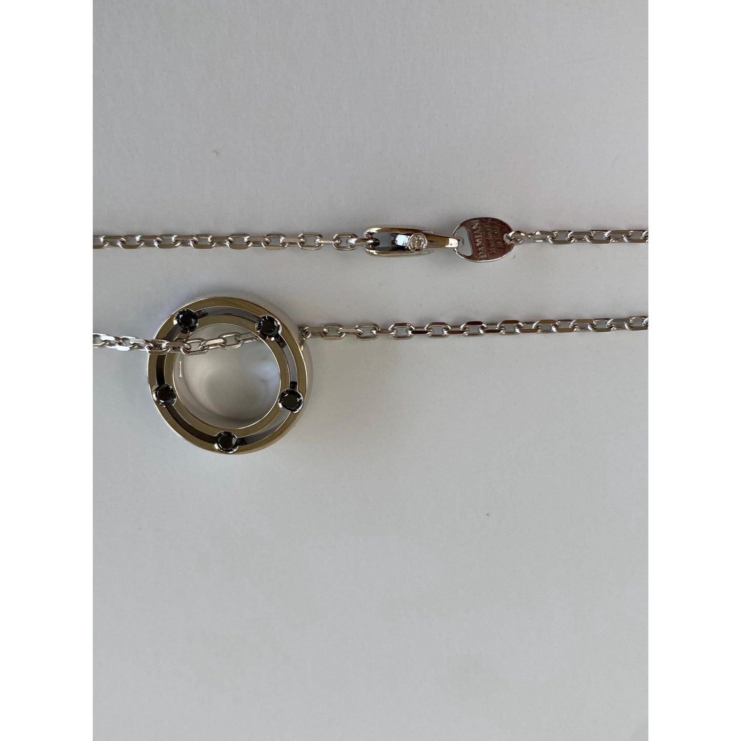 Damiani Solid 18k White Gold Black Diamond Double Sided Circle Biker Link Necklace - 21.75 inches