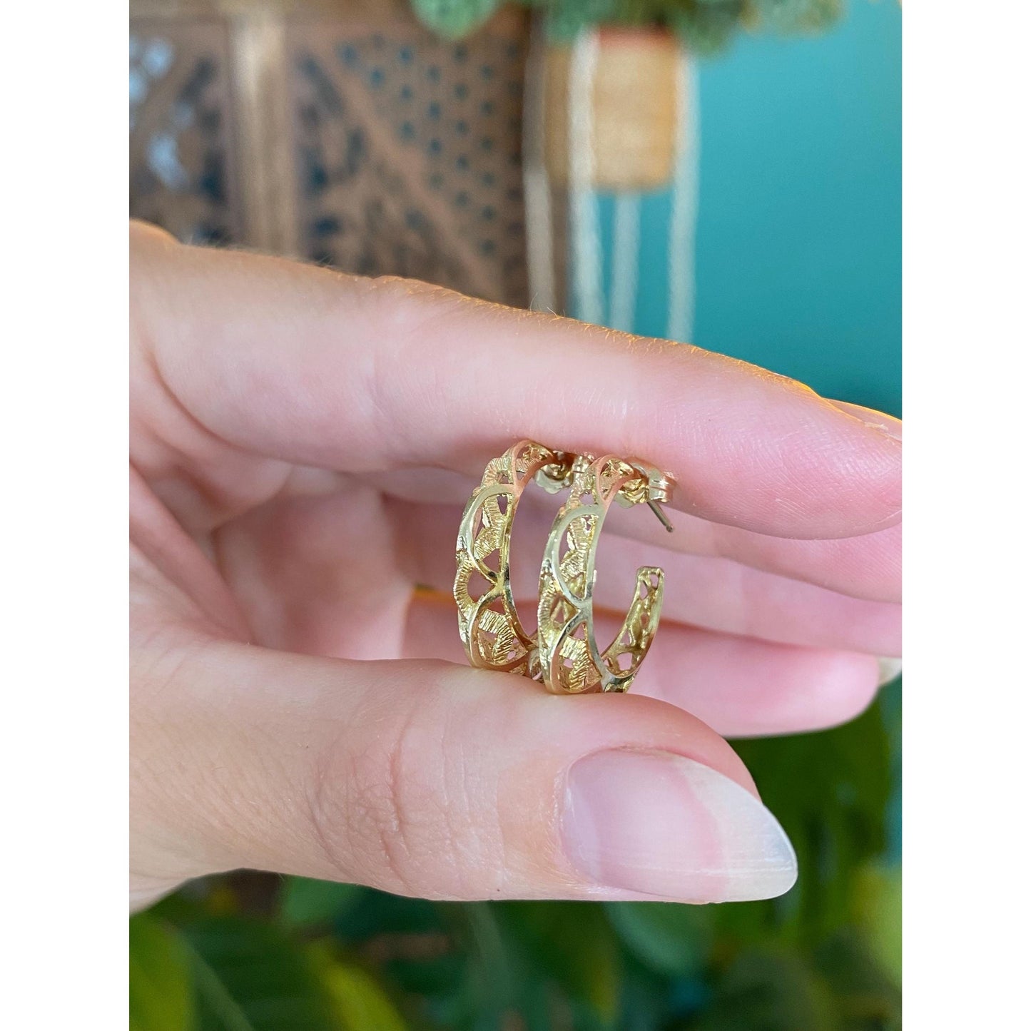 Vintage Solid 14k Yellow Gold Open Work Hoop Earrings