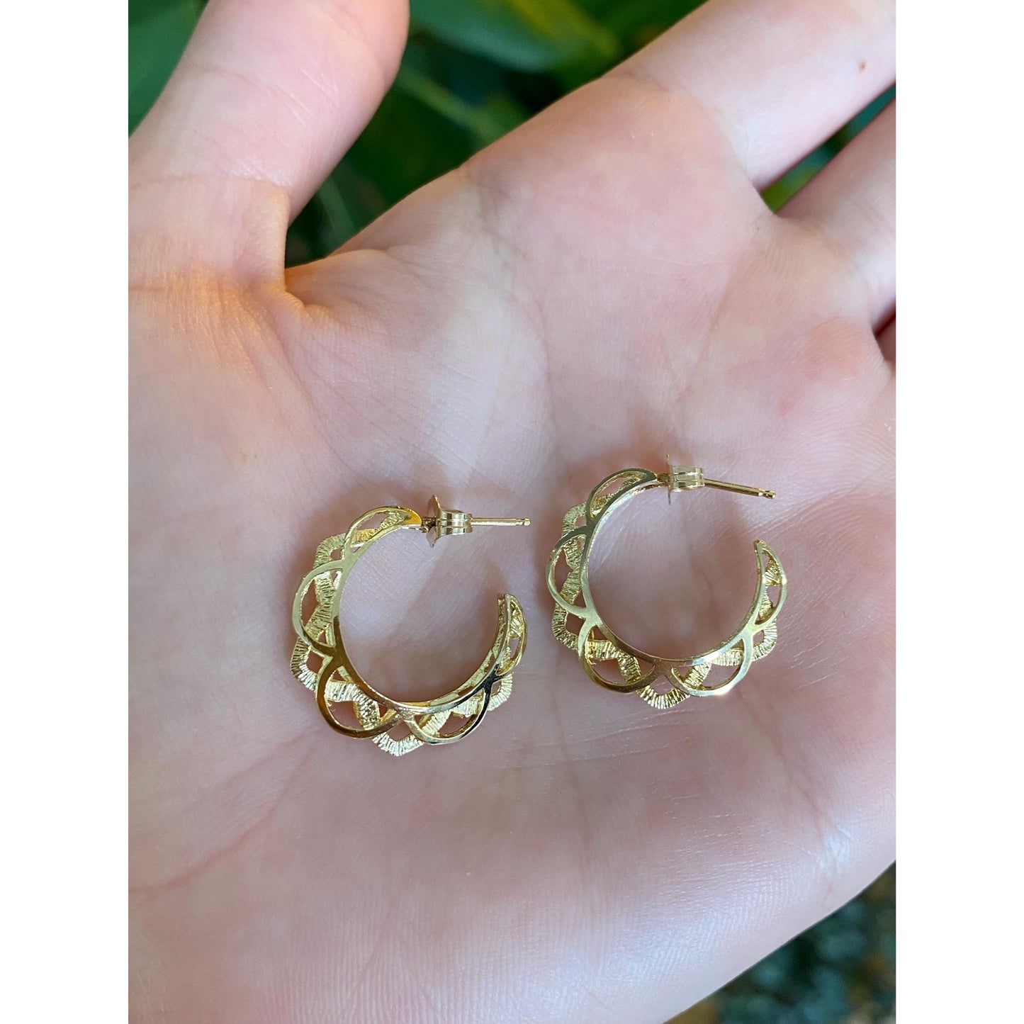 Vintage Solid 14k Yellow Gold Open Work Hoop Earrings