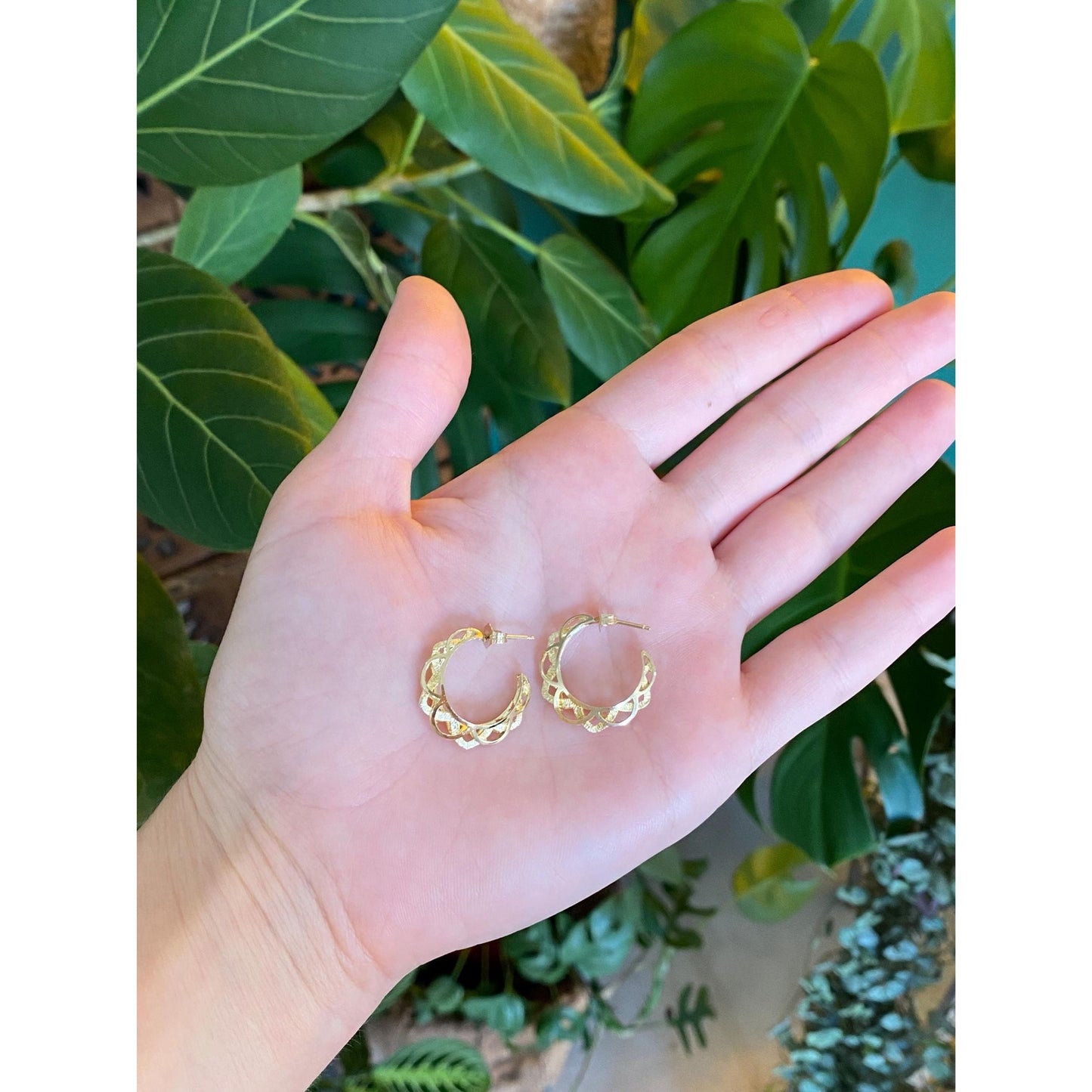 Vintage Solid 14k Yellow Gold Open Work Hoop Earrings