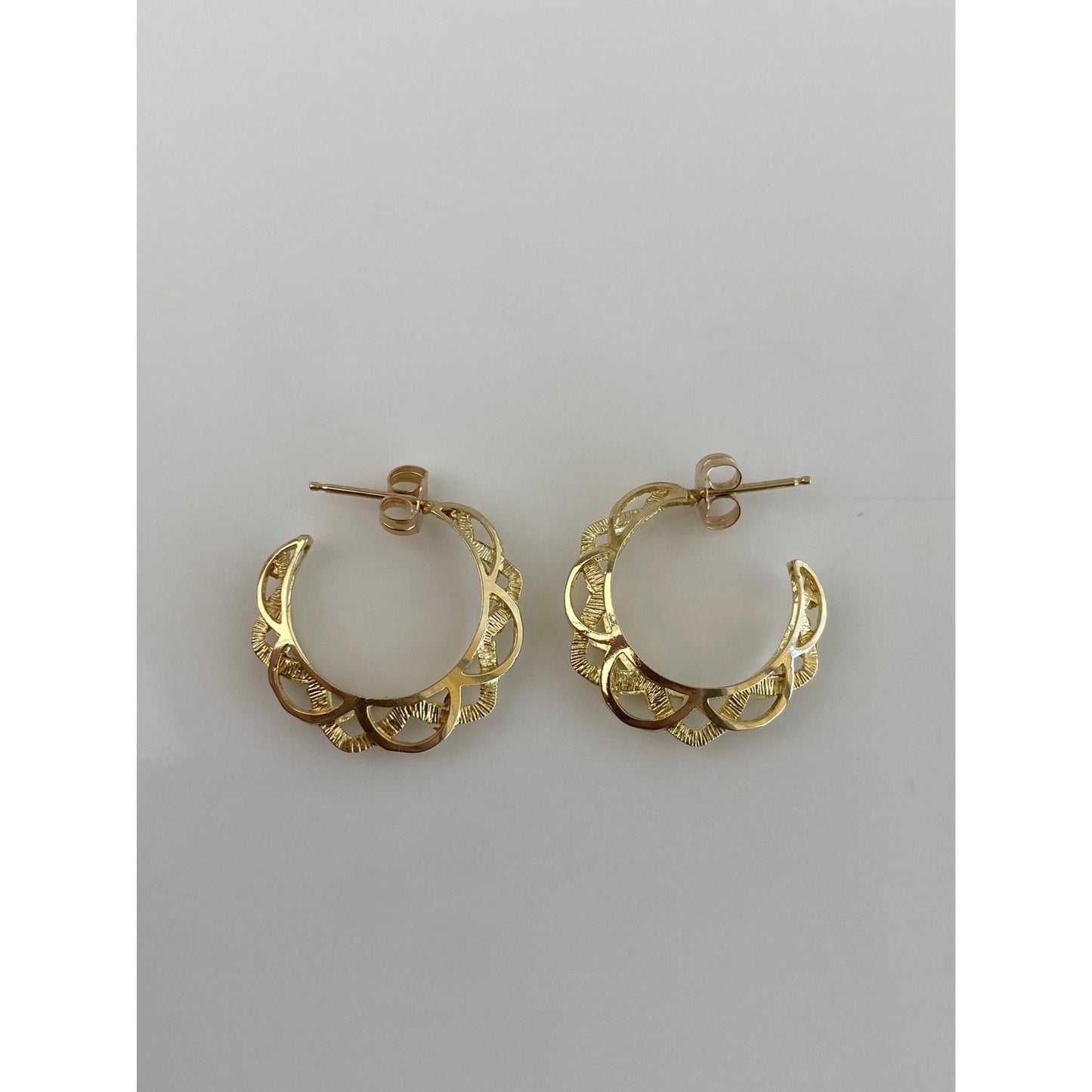 Vintage Solid 14k Yellow Gold Open Work Hoop Earrings