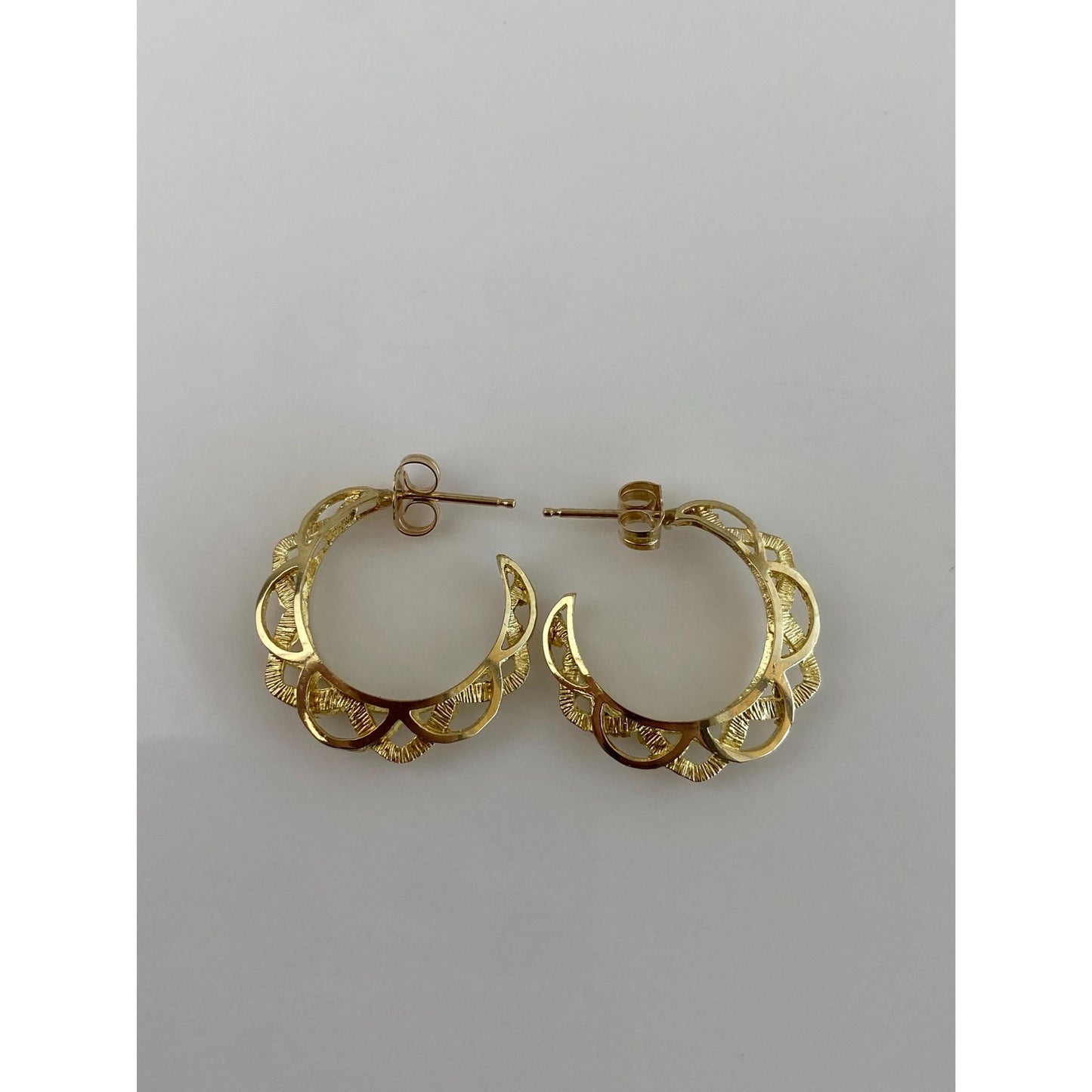 Vintage Solid 14k Yellow Gold Open Work Hoop Earrings