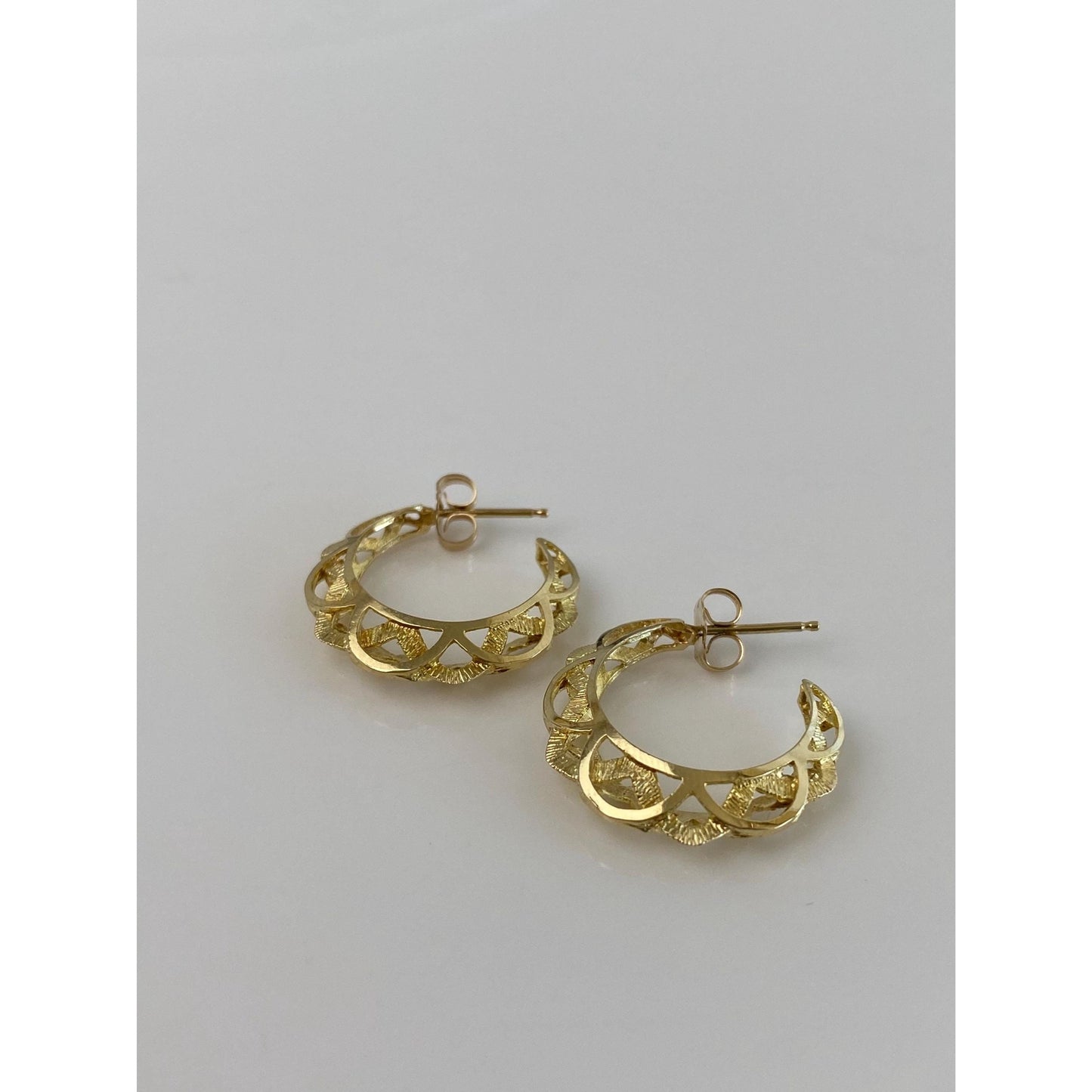 Vintage Solid 14k Yellow Gold Open Work Hoop Earrings