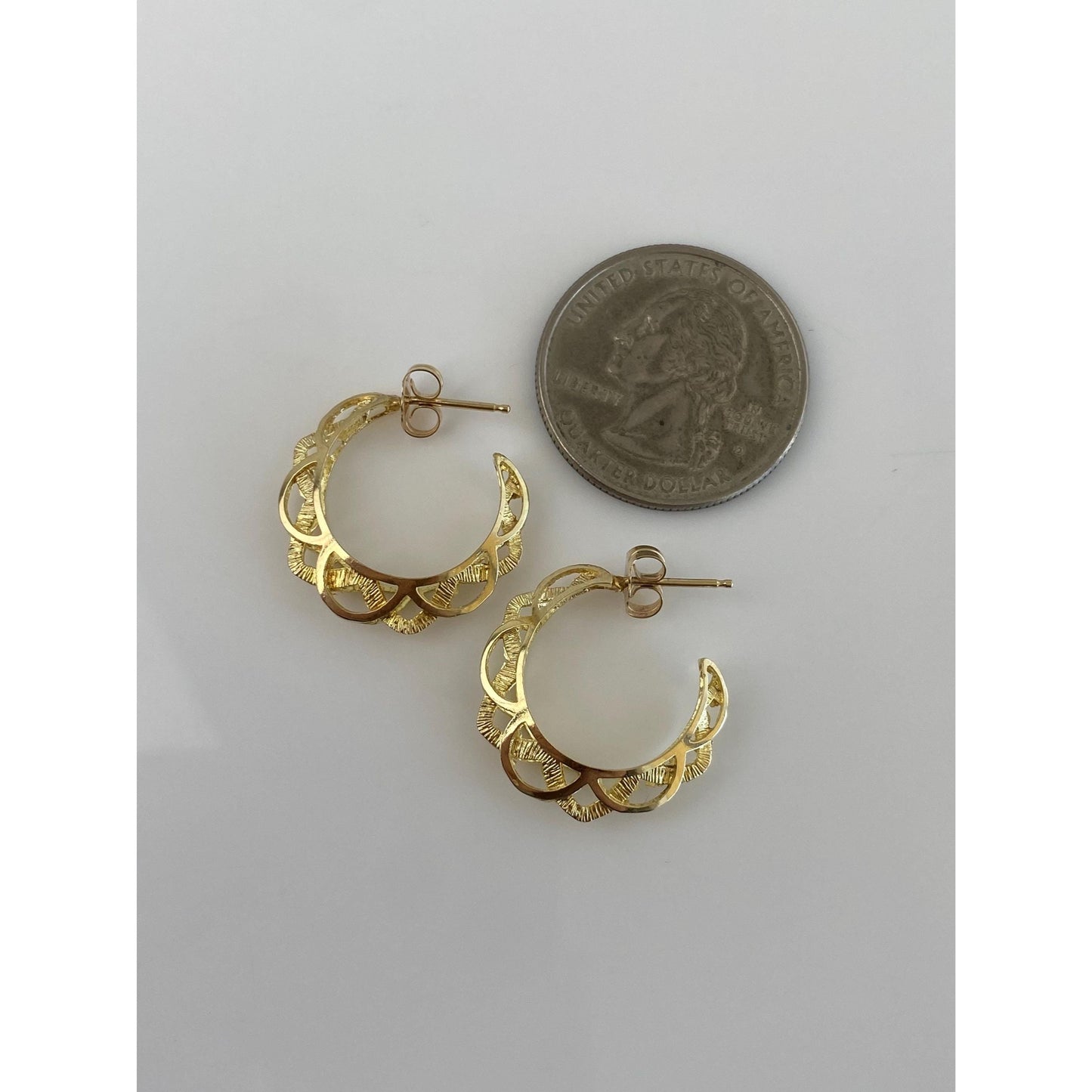 Vintage Solid 14k Yellow Gold Open Work Hoop Earrings