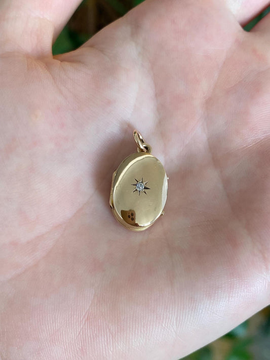 Vintage Solid 10k Rosey Gold Star Set Diamond Locket Charm