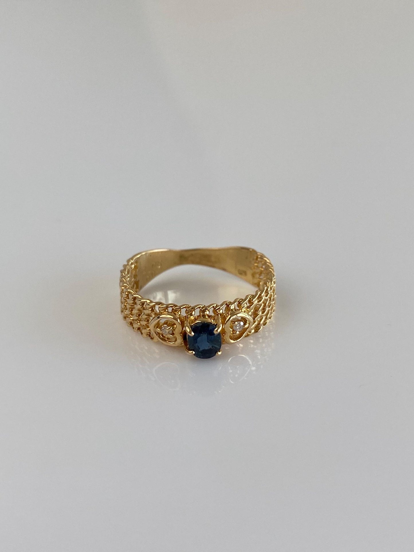 Vintage Solid 18k Yellow Gold Diamond Blue Sapphire Designed Ring Band - Size 6
