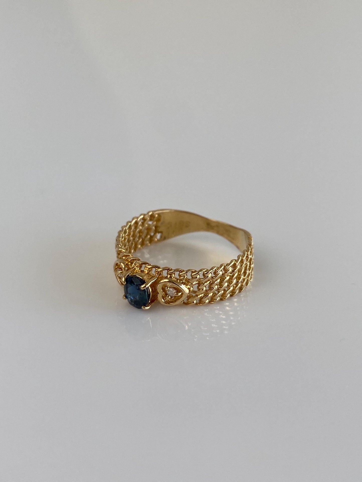 Vintage Solid 18k Yellow Gold Diamond Blue Sapphire Designed Ring Band - Size 6