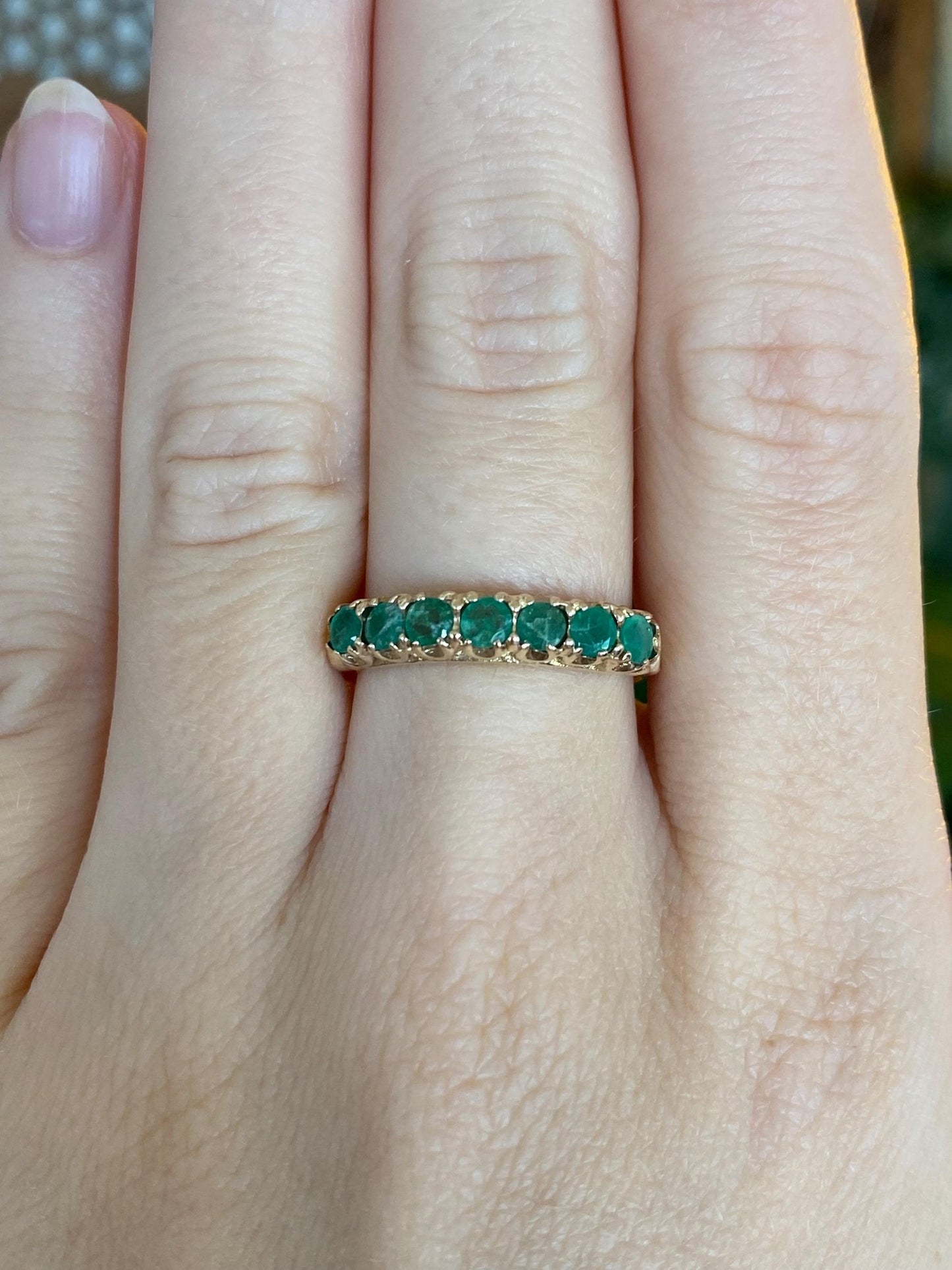 Vintage Solid 9k Yellow Gold Emerald Row Ring - Size 8