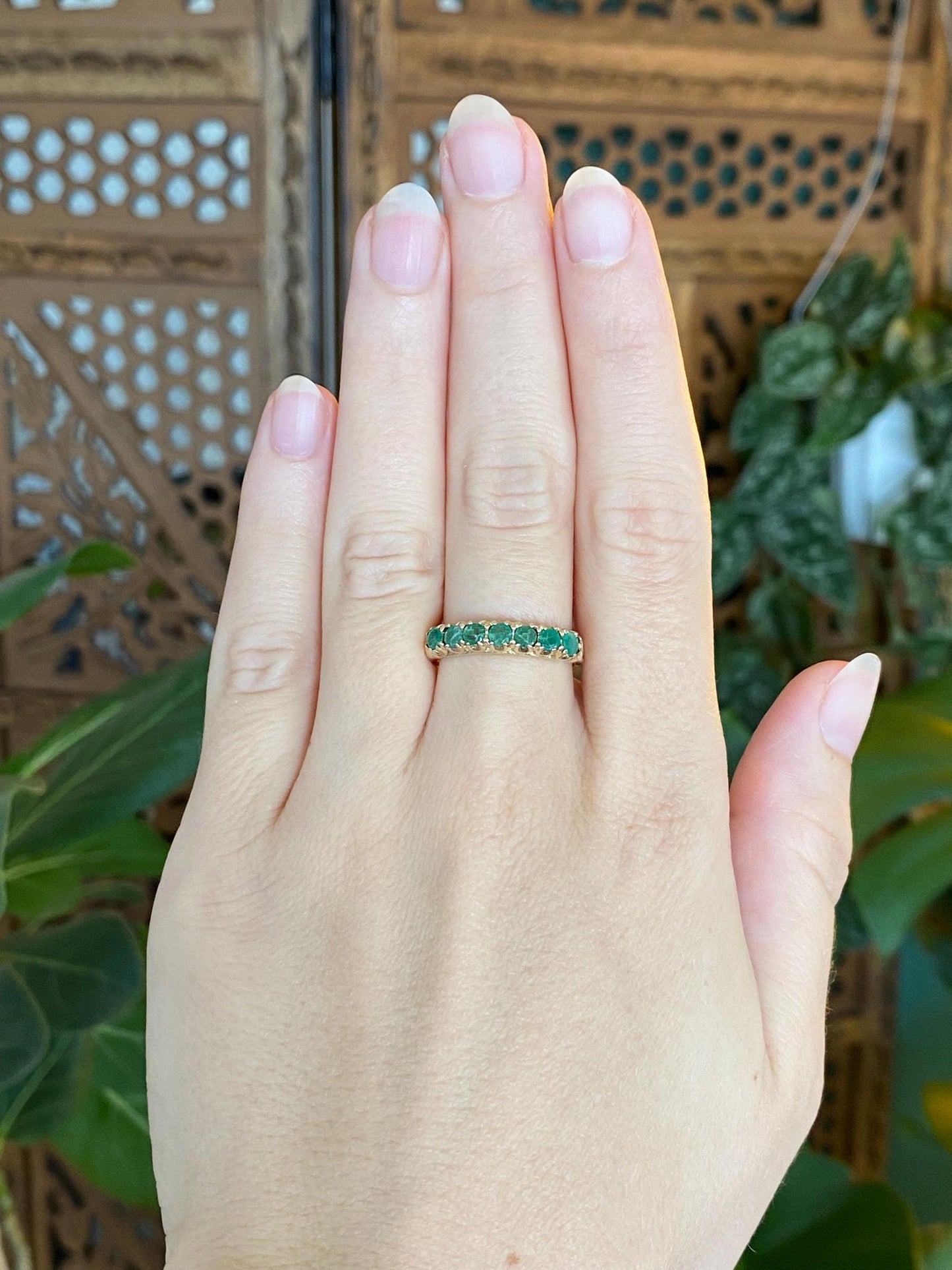 Vintage Solid 9k Yellow Gold Emerald Row Ring - Size 8