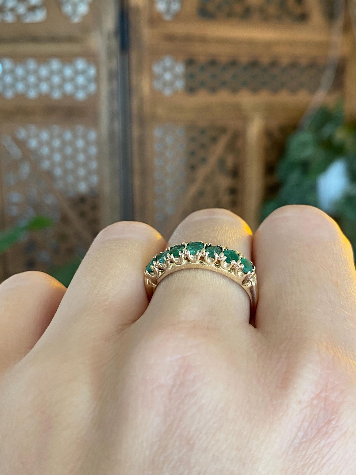 Vintage Solid 9k Yellow Gold Emerald Row Ring - Size 8