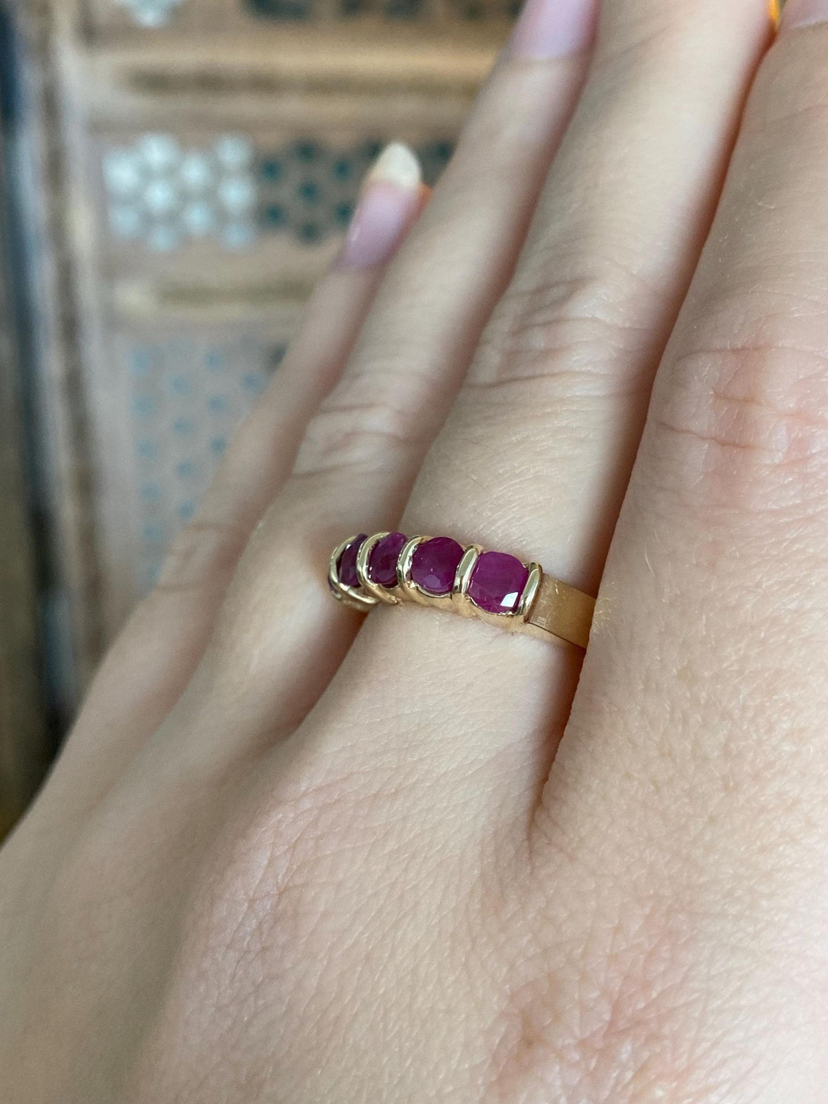 Vintage Solid 10k Yellow Gold Ruby Row Ring - Size 8.75
