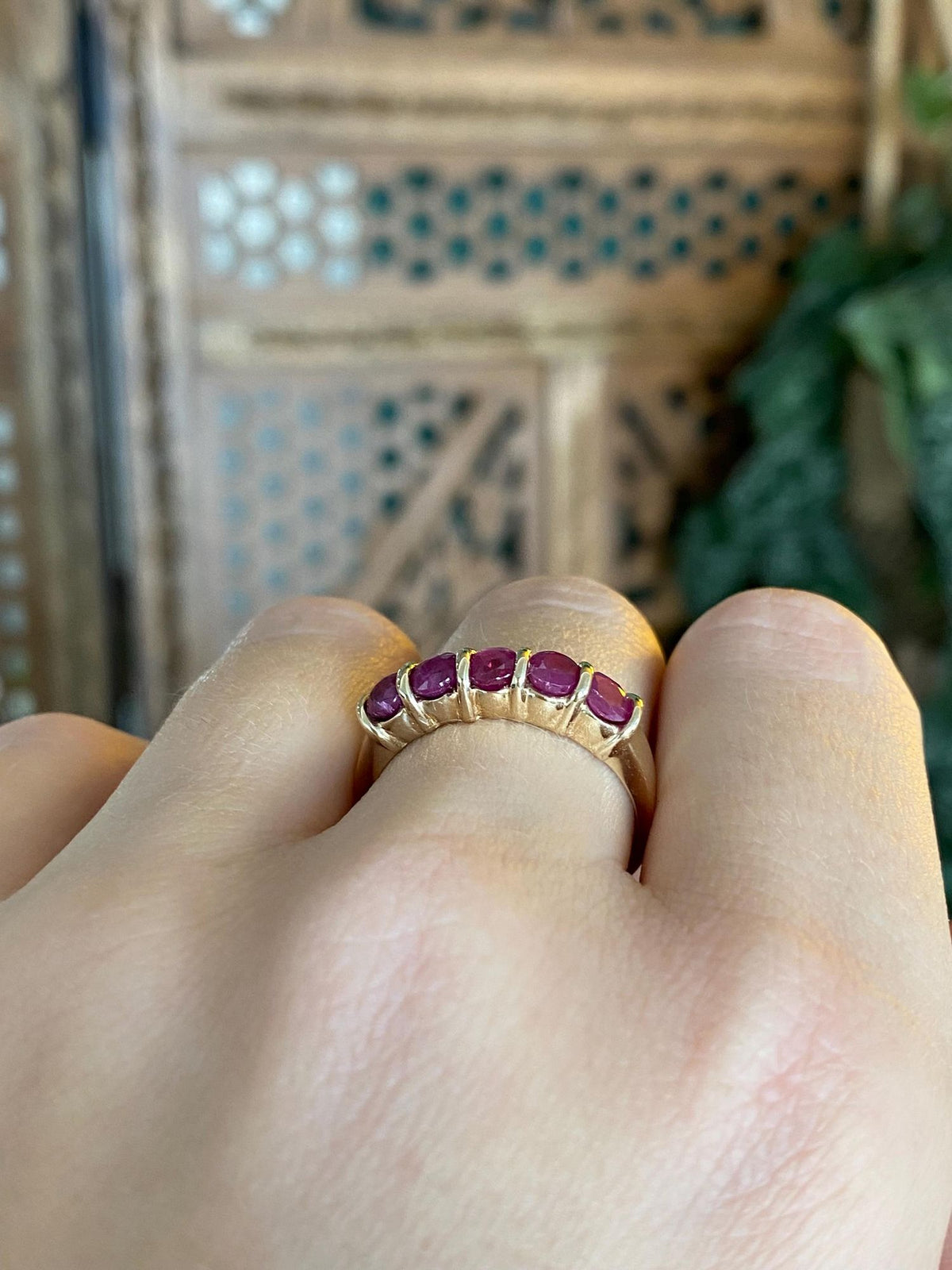 Vintage Solid 10k Yellow Gold Ruby Row Ring - Size 8.75