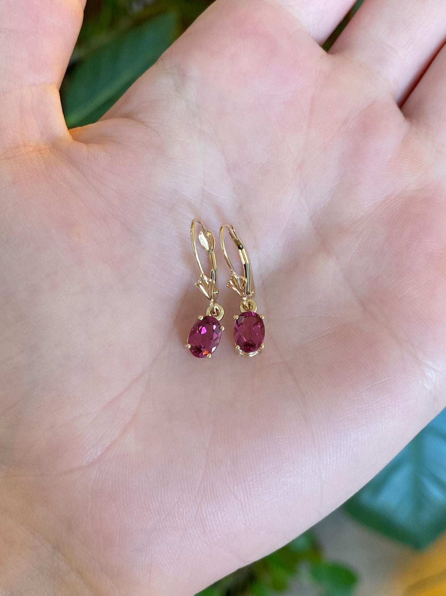 Vintage Solid 14k Yellow Gold Pink Tourmaline Dangle Earrings